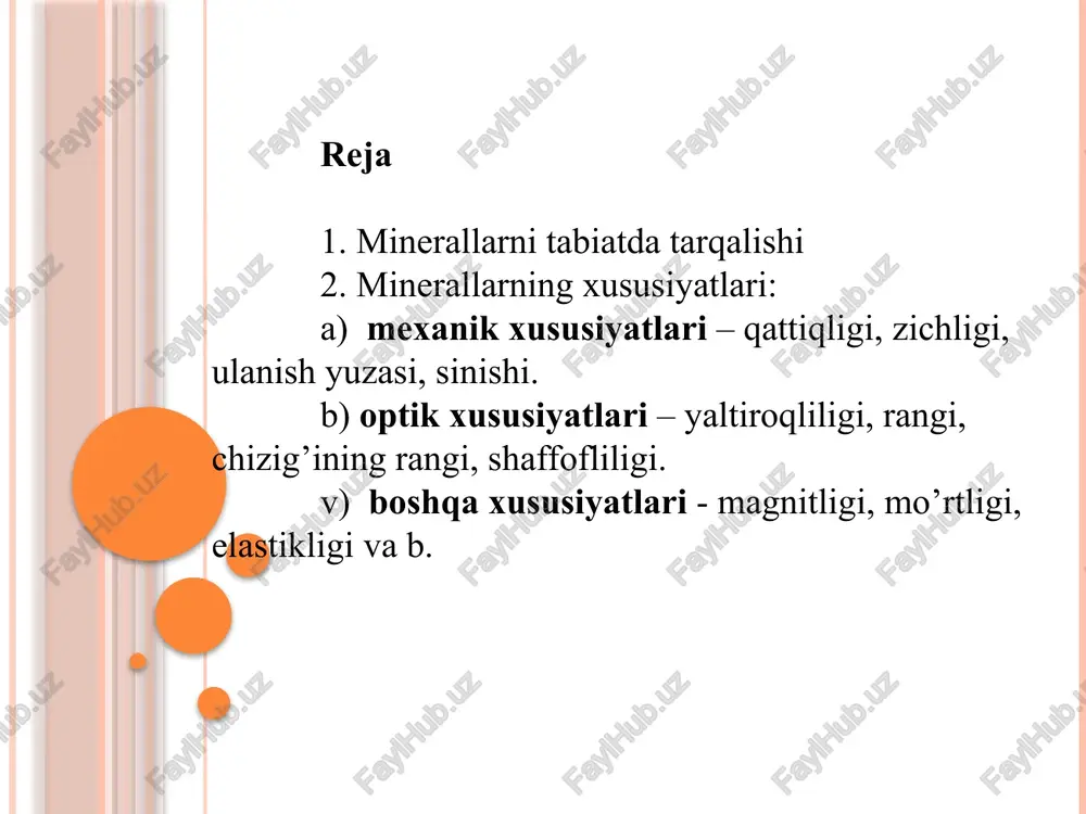 qsimon, yashilsimon, kulrang, moviy- yashilsimon. ushlaganda yog’simon tuyuladi. 2.gips - caso4 2h2o. tirnoq bilan tirnaganda mineral yuzasida iz qoladi (tirnoqning qattiqligi 2-2.5). rangi – oq, kulrang, jigarrang, pushti. shoyisimon turi selenit deyiladi. 3.kalsit - caco3 . kaltsitni pichoq uchi bilan tirnaganda unda tirnash izi qoladi. rangi – oq va sariqsimon-oq. shaffof turi island shpati deyiladi. 4.flyuorit - caf2. mis tanga kaltsitni tirnaydi, ammo flyuoritni tirnamaydi. rangi – sariq, yashil, ko’k, pushti, binafsha, jigarrang va binafshasimon- qoragacha o’zgarishi mumkun. 5.apatit - ca5 [po4 ]3f. odam va ba’zi hayvonlarning tishlari apatitning mikroskopik kristallaridan tarkib topgan. rangsiz, oq, zumradsimon yashil, ko’k, qo’ng’ir, binafsha. 6.ortoklaz -kalsi3o8. shiaha va po’latdan qattiq. shiahaning qattiqligi taxminan 5,5. ortaklaz, mikroklin, plagioklazlar singari minerallari keng tarqalgan. 7.kvars - sio2. ushishada va po’lat pichoqda aniq tirnash izini qoldiradi. kvarsning xillari: tog’ billuri, ametist, rauxtopaz, morion, tsitrin, avantyurin va b. 8.topaz - al2 [sio4 ](f,oh)2 . uning kristalli kvarsda tirnash izi …