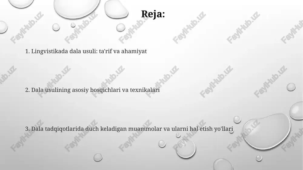 ing turlari strukturaviy dala tadqiqotlari fonetik, morfologik va sintaktik tuzilmalarni aniqlashga qaratilgan boʻlib, 100 dan ortiq soʻz yoki gap namunalarini tahlil qilishi mumkin. sotsiolingvistik dala tadqiqotlari tilning ijtimoiy kontekstini oʻrganadi, masalan, 50 dan ortiq ishtirokchi bilan intervyular oʻtkazish orqali dialektal farqlarni aniqlash. etnolingvistik dala tadqiqotlari madaniyat va til oʻrtasidagi bogʻliqlikni oʻrganib, 20 dan ortiq marosim yoki anʼana tasvirlarini tahlil qilishni oʻz ichiga olishi mumkin. dala usulining afzalliklari dala usuli noyob til xususiyatlarini ochib beradi, chunki u mahalliy so'zlashuvchilardan 95% autentik ma'lumotlar yig'ishni ta'minlaydi, laboratoriya sharoitida erishib bo'lmaydigan natijalar beradi. dala tadqiqotlari lingvistik ma'lumotlarni birinchi qo'ldan yig'ish imkonini beradi, bu esa nazariy modellarni 100% aniqlashtirish va empirik asosini mustahkamlashga yordam beradi. dala tadqiqotlari tilning ijtimoiy kontekstini tushunishga yordam beradi, 80% lingvistik o'zgarishlar va dialektal farqlarning sabablarini aniqlashda muhim rol o'ynaydi. dala usulining kamchiliklari kam sonli lingvistik bilimga ega bo'lgan 5-10 ta yordamchi bilan ishlashda, xatoliklar ehtimoli ortadi va ma'lumotlarni qayta ishlashda …