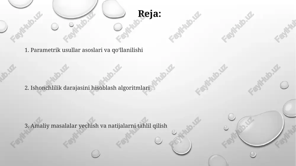 iyatlilikni ko'rsatadi. anovada η² (eta kvadrat) effekt oʻlchamini baholaydi, umumiy oʻzgarishning necha foizi mustaqil oʻzgaruvchi bilan izohlanishini aniqlaydi, masalan, η²=0.6 katta effekt. regressiya tahlilida ishonchlilik darajasini aniqlash regressiya modelining ishonchlilik darajasi r-kvadrat (r²) orqali baholanadi, bu esa 0 dan 1 gacha bo'lgan qiymatda, modelning o'zgaruvchanlikni tushuntirish foizini ko'rsatadi. standart xatolik (rmse) regressiya modelining aniqligini o'lchaydi, kichikroq rmse qiymatlari esa taxminlarning haqiqiy qiymatlarga yaqinroq ekanligini anglatadi. p-qiymati (p-value) har bir regressiya koeffitsienti uchun hisoblanadi; agar p < 0.05 bo'lsa, unda koeffitsient statistik jihatdan ahamiyatli bo'lib, bog'liqlik ishonchli ekanligini bildiradi. masala: z-test orqali ishonchlilikni hisoblash z-testda ishonchlilikni baholash uchun, statistik muhimlik darajasi (p-qiymat) 0 va 1 orasidagi qiymat bo'lib, kuzatilgan natijalarning tasodifiy kelib chiqish ehtimolini ko'rsatadi. z-test yordamida ishonchlilikni hisoblashda, agar p-qiymat (ehtimollik) belgilangan alfa darajasidan (masalan, 0.05) kam bo'lsa, nol faraz rad etiladi. agar namunaning o'rtacha ko'rsatkichi, standart og'ishi va namunalar soni berilgan bo'lsa, z-test statistikasi hisoblanadi, so'ngra p-qiymat jadval yoki …