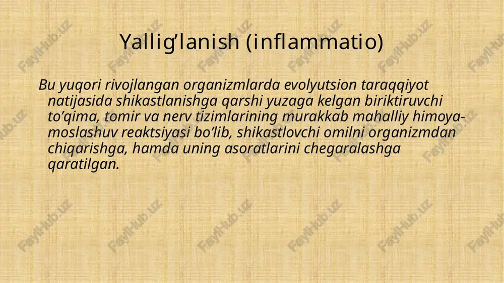 ykotsitlar marginatsiyasi va emmigratsiyasi xemotaksis va fagatsitoz proliferatsiya (proliferatio) - mediatorlar taʼsiri - fibroblastlar faollashuvi - fibroplaziya va angiogenez - reparatsiya al'teratsiya patogenezi o2 faol radikallari azot oksidi membranaga hujum kompleksi lizosomal fermentlar oʼsma nekrozi faktori laktoferrin neytrofilli va makrofagal fagatsitoz hujayra bilan belgilangan sitotoksiklik atga bogʼliq sitotoklik (nk) yalligʼlanish oʼchog'idagi tomir reaksiyalari qisqa muddatli tomir spazmi arterial toʼlaqonlik aralash toʼlaqonlik venoz toʼlaqonlik staz yalligʼlanish oʼchog'idagi qon aylanishiga taʼsir qiluvchi omillar tomirichi omillari - qon shakliy elementlari adgeziyasi va aggregatsiyasi - disproteinemiya - sladj sindromi - endoteliotsitlar hususiyatining oʼzgarishlari tomir tashqarisidagi omillar - shish taʼsirida tomirlarning siqilishi - paravazal biriktiruvchi toʼqima karkasining - proteazalar taʼsiridagi lizisi image2.jpeg image1.png /docprops/thumbnail.jpeg