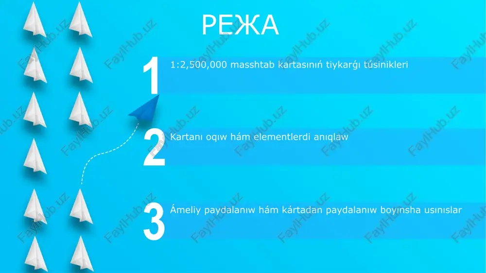 emperatura hám jawın-shashın kórsetkishleri arqalı beriledi, bul awıl xojalıǵı potencialın bahalawǵa járdem beredi. infrastruktura temir jollarınıń qattı qatlamlı jol háreketine qatnasıwshılar ushın 300 km aralıqta jaylasqan qalalardı baylanıstırıw qabiletin kórsetedi hám awıl xojalıǵı transportın jetilistiredi. baspa hám digital kartalar, gps hám gis start baspa kartalar 1:2,500,000 masshtabındaǵı jer betin sheklewli qamtıp aladı, al digital kartalar zoom imkaniyatı arqalı keńirek aymaqtı hám detaldı kórsete aladı. gps koordinatalardı anıqlawda qollanıladı, al gis 1:2,500,000 masshtabındaǵı kartalar menen birge geografiyalıq málimetti analizlew hám vizualizaciyalaw imkaniyatın beredi. kártanı oqıw, paydalanıw hám qálewler kártanı oqıwda 1:2,500,000 masshtabtı ańlaw ásiyreti bar. geografiyalıq orınlawdı anıqlaw ushın koordinatalardı (mısalı, 41° s.e., 69° sh.u.) biliw kerek. paydalanıwshılar kártanı úlken territoriyalardaǵı aralıqtı bahalaw ushın qáleydi. kárta 1 sm-de 25 km bolǵanlıǵın esapqa alıp, 10 sm aralıq 250 km boladı. nazariңiz үshіn raxmet @taqdimot_robot image6.jpg image7.jpg image8.jpg image9.jpg image10.jpg image11.jpg image12.jpg image1.jpeg image2.jpeg image3.jpeg image4.jpeg