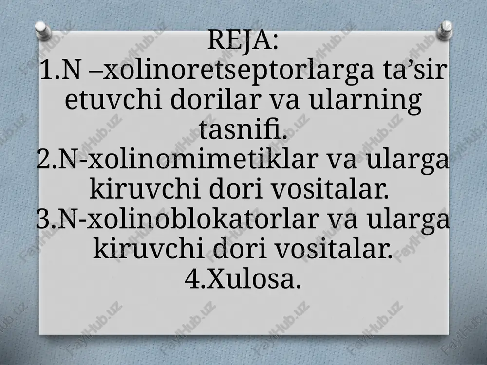 kamaytiriladi ovqatdan keyin 1 oy. chekishga qarshi. nikotin odam organizmiga tamaki chekilganda tushadi. nojo’ya ta’sirlari tamaki tutuni tarkibidagi zaharli moddalar o’pka va yuqori nafas yo’llarini tasirlantiradi, natijada bronxit, laringit, o’pka emfizemasi, pnevmoskleroz kabi kasalliklarga olib keladi. zahar tomirni toraytirib, gipertoniya, endarterit, arterosklerozni rivojlantiradi. tamaki tarkibidagi poloniy-210 radiaktiv moddasi xafvli o’smalarni paydo qiladi. tamakini ko’p istemol qilish nikotinga qaramlikni rivojlantiradi. sititon (cytitonum) 0.15% sitizin alkaloidi eritmasidan iborat. ampulalarda 1 ml dan chiqariladi.rakitnik va termopsis o’simliklaridan olinadi. ta’siri: simpatik gangliyalar va buyrak usti bezlaridagi n-xolinoretseptorlarni qo’zg’atib , arterial bosimni ko’taradi. qo’llanishi: shok, kollaps, is gazidan zaharlanishda, bo’gilishda qo’llaniladi. qo’llab bo’lmaydigan holatlar:gipertoniya aterosekleroz,o’pka shishi. lobelin (lobelini hydrochloridum) – lobelia inflata o’simligidan olinadigan alkaloid.nikotinga o’xshab karotid koptokchasidagi reseptorlarga ta’sir etadi va reflektor yo’l bilan nafas markazini va unga qo’shni markazlarni qo’zg’atadi. qo’llanishi va qo’llab bo’lmaydigan hollari xuddi sititonniki kabi. ampulalarda 1%-1ml dan chiqariladi. ineksiya vena yoki muskul orasiga qilinadi. rp.: sol. cytitoni 1ml d.t.d.n.10 …