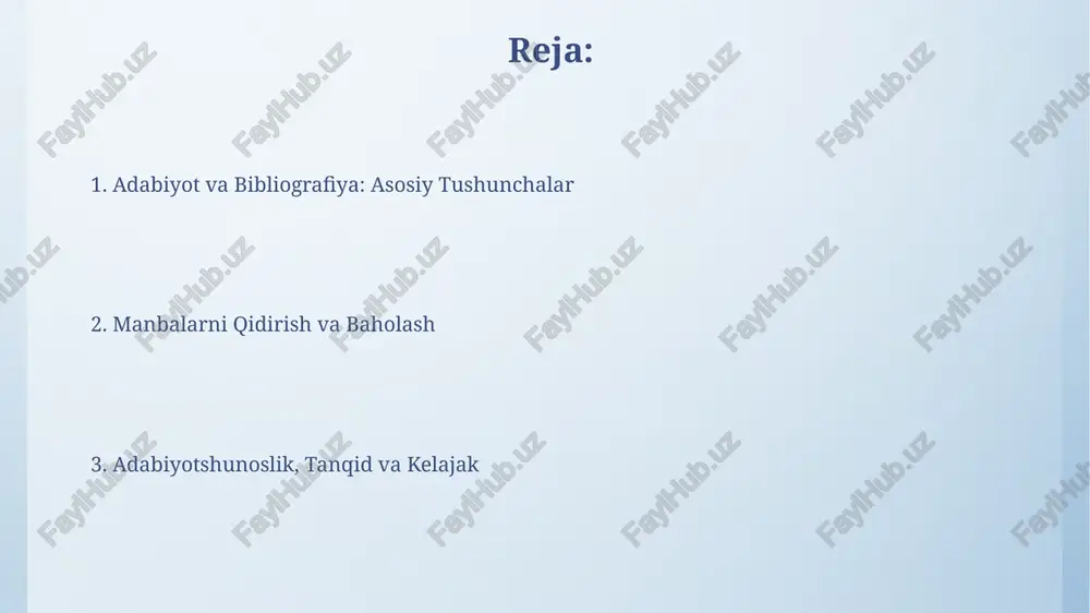 oslik adabiyotning ijtimoiy va madaniy kontekstini o'rganadi, 1960-yillardan boshlab rivojlanib, asarning jamiyat bilan aloqasini tahlil qiladi. mualliflik huquqi, plagiat va raqamli adabiyot mualliflik huquqi 70 yilgacha muallifning hayoti davomida va uning o'limidan keyin amal qiladi, ijodkorlarning asarlarini noqonuniy foydalanishdan himoya qiladi. raqamli adabiyotda plagiat 1998-yilgi raqamli mingyillik mualliflik huquqi to'g'risidagi qonun (dmca) bilan tartibga solinadi va jiddiy huquqiy oqibatlarga olib kelishi mumkin. bibliografik ma'lumotlarni boshqarish va kelajak bibliografik ma'lumotlarni boshqarish dasturlari, masalan, zotero va mendeley, 2.0 versiyadan boshlab tadqiqotchilarga 10000 dan ortiq manbalarni samarali tartibga solishga yordam beradi. kelajakda sun'iy intellekt (ai) bibliografik ma'lumotlarni avtomatik ravishda yaratish, tahlil qilish va 95% aniqlik bilan plagiatni aniqlash imkonini beradi. e'tiboringiz uchun rahmat @taqdimot_robot image4.png image6.jpg image7.jpg image8.jpg image9.jpg image10.jpg image11.jpg image12.jpg image3.jpeg