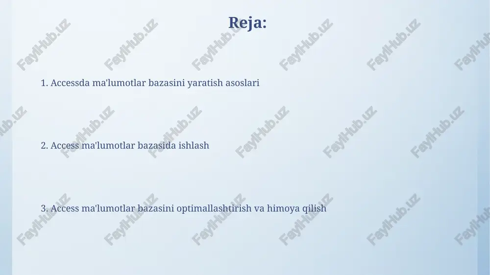 va saralash darajalarini o'z ichiga olishi mumkin, bu sizga 1000 dan ortiq yozuvlarni mantiqiy bo'limlarga bo'lishga va umumiy tendentsiyalarni aniqlashga yordam beradi. hisobot yaratishda kalkulyatsiyalardan foydalanish muhim, masalan, umumiy yig'indilarni, o'rtacha qiymatlarni yoki 10% chegirma hisoblash, bu biznes tahlili uchun 2x ko'proq qimmatli ma'lumot beradi. ma'lumotlarni import/eksport qilish va himoya access ma'lumotlarini csv, excel, txt kabi turli formatlarda eksport qilish mumkin. masalan, *export-textwithdelimiters* funksiyasi orqali ma'lumotlarni ajratuvchi belgilar bilan ajratib saqlash mumkin. ma'lumotlarni himoya qilish uchun *database password* xususiyatini yoqish, vba kodini himoyalash (kodni bloklash) va foydalanuvchi huquqlarini boshqarish orqali ma'lumotlar xavfsizligini ta'minlash mumkin. xatolarni tuzatish va ishlashni optimallashtirish xatolarni tuzatishda debug.print dan foydalanish orqali vba kodidagi o'zgaruvchilar qiymatini kuzatish, xatolarni 5 daqiqada aniqlash va kodning ishlashini yaxshilash imkonini beradi. indekslardan to'g'ri foydalanish so'rovlarni 2-3 barobar tezlashtirishi mumkin, ayniqsa katta hajmli ma'lumotlar bazalarida, bunda indekslangan ustunlar qidiruvni optimallashtiradi. e'tiboringiz uchun rahmat @taqdimot_robot image4.png image6.jpg image7.jpg image8.jpg image9.jpg image10.jpg image11.jpg image12.jpg …