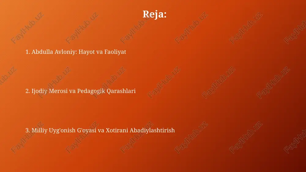 y ongi o'sishiga sezilarli ta'sir ko'rsatdi, sahna asari sifatida katta ahamiyatga ega. mustaqillik yillarida avloniy merosini o'rganish va xotirani abadiylashtirish mustaqillikdan so'ng avloniy asarlarining to'liq to'plami nashr etildi, bu uning 20-asr boshidagi milliy uyg'onishga qo'shgan hissasini kengroq tushunishga yordam berdi. avloniyning 140 yilligi munosabati bilan 2018-yilda keng ko'lamli tadbirlar o'tkazildi, jumladan ilmiy konferensiyalar va uning hayoti va ijodiga bag'ishlangan yangi nashrlar taqdimoti. e'tiboringiz uchun rahmat @taqdimot_robot image2.png image5.jpg image6.jpg image7.jpg image3.png