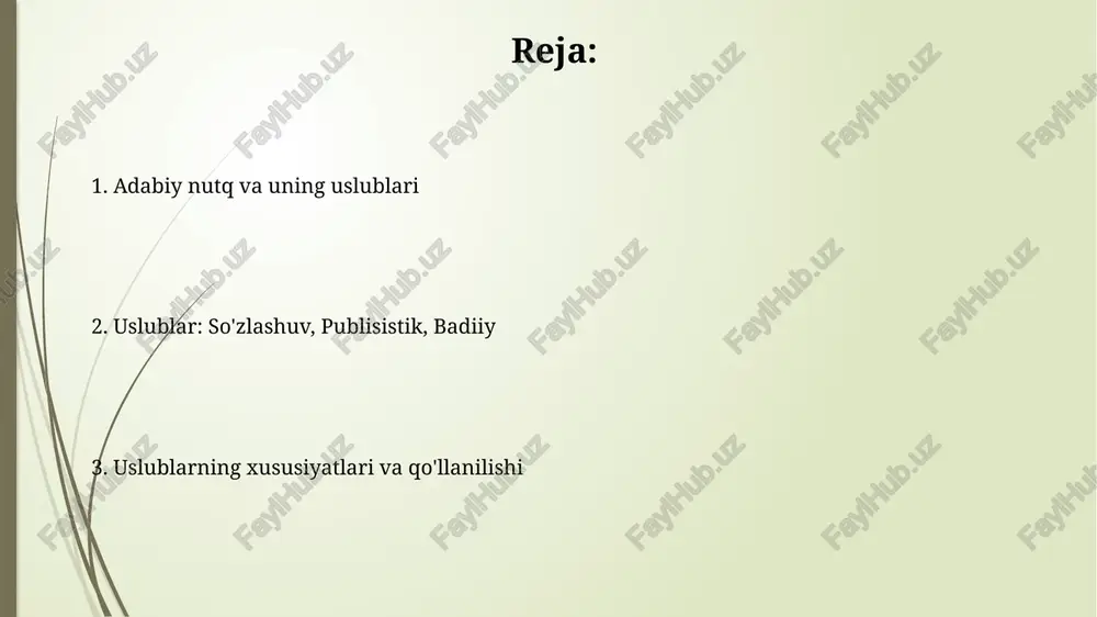 belgisi emotsionallikdir, unda turli 3 xil hissiyotlar (sevgi, nafrat, quvonch) ifodalanib, o'quvchining 5 hissiyotiga ta'sir etadi. uslublarning o'zaro ta'siri publisistik uslub badiiy uslub elementlaridan foydalanib, 19-asr oxiridan boshlab o'quvchiga kuchli ta'sir o'tkazish uchun emotsionallikni oshirishi mumkin. so'zlashuv uslubining iboralari badiiy asarga kirib, qahramonning nutqini 20-asrda yanada realistik qilib ko'rsatadi, bu esa asarning qimmatini oshiradi. xulosa va savollar xulosa qilib aytganda, uchta uslub – so‘zlashuv, publitsistik va badiiy uslublar o‘ziga xos leksik, grammatik va stilistik xususiyatlarga ega bo‘lib, 3 asosiy kommunikativ vazifani bajaradi. muhokama davomida 5 ta muhim savol tug‘ilishi mumkin: uslublar o‘rtasidagi chegaralar qanchalik aniq, ularning evolyutsiyasi qanday kechadi va 2 ta yoki undan ortiq uslublar aralashuvi qanchalik tez-tez kuzatiladi? e'tiboringiz uchun rahmat @taqdimot_robot image2.jpg image3.jpg image4.jpg image5.jpg image6.jpg image7.jpg image8.jpg