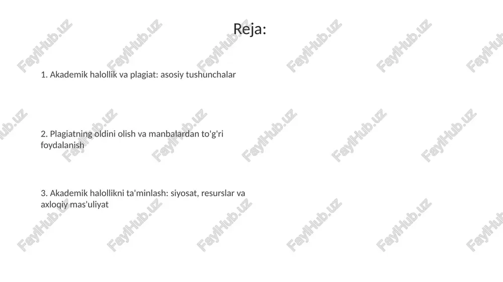 obga olish kerak. oldini olish uchun manbalarni to'g'ri ko'rsatish, 3-5 ta manbadan olingan ma'lumotlarni qayta ishlash, hamda paraphrasing va quoting qoidalariga rioya qilish muhim. akademik halollik siyosati va axloqiy mas'uliyat akademik halollik siyosati 3 ta asosiy elementni o'z ichiga oladi: halollik, ishonchlilik va hurmat. ushbu tamoyillarga rioya qilish muvaffaqiyatli o'qish va tadqiqotlarning asosidir. talabalar o'z ishlarida 100% original bo'lishga intilishlari, manbalarni aniq ko'rsatishlari va boshqalarning ishlaridan ruxsatsiz foydalanmasliklari shart. bu axloqiy mas'uliyatdir. raqamli davrda plagiat va yordam resurslari aksariyat universitetlar onlayn yozuv markazlari va 24/7 qo'llab-quvvatlash xizmatlarini taklif etadilar, ular talabalarga manbalarni to'g'ri keltirish va plagiatdan qochishga yordam beradi. raqamli vositalar, masalan, turnitin va copyscape, plagiatni aniqlash uchun keng qo'llaniladi, millionlab hujjatlar bilan solishtiradi va 90% aniqlik darajasiga ega bo'lishi mumkin. e'tiboringiz uchun rahmat @taqdimot_robot image5.jpg image6.jpg image7.jpg image8.jpg image9.jpg image10.jpg image11.jpg image1.jpeg image2.jpeg