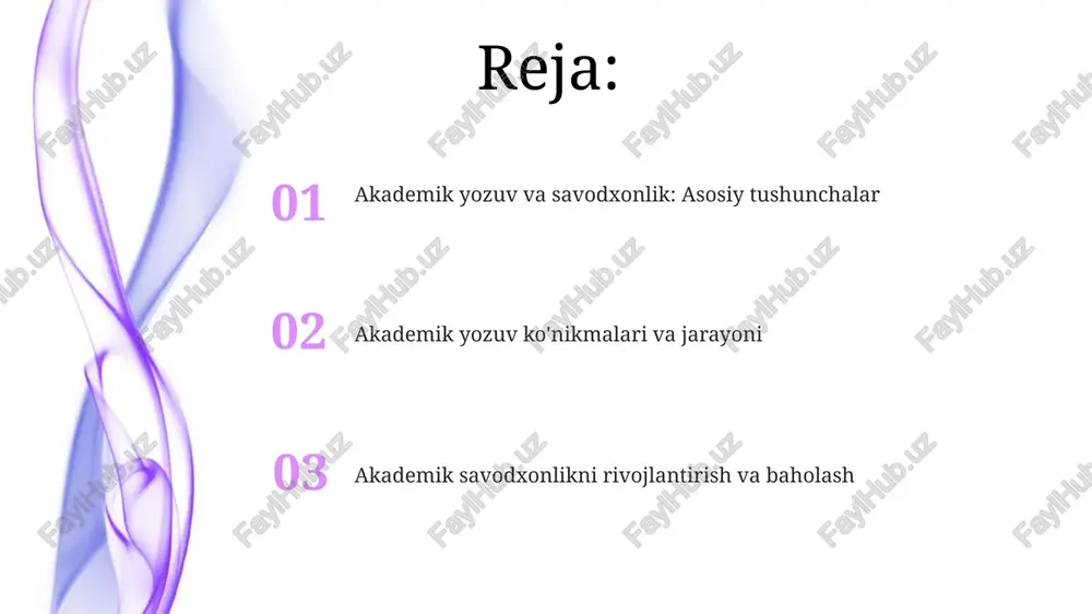 ejalashtirish, tadqiqot, loyihalash, yozish va tahrirlash. har bir bosqichda aniq maqsadlar va vazifalar bajarilishi lozim. til va uslub, texnologiyalar va strategiyalar akademik yozuvda til va uslub muhim, aniqlik uchun konkret so'zlarni, 3-shaxsni va 1.0 dan kam o'qish darajasini ta'minlash kerak. texnologiyalar orqali grammarly kabi vositalar yordamida yozuvni tahrirlash, 50% vaqtni tejash va manbalarni boshqarish mumkin. akademik yozuvdagi xatolar, baholash va kelajak tendentsiyalari akademik yozuvda keng tarqalgan xatolarga aniqlikning yo'qligi, noto'g'ri iqtibos keltirish (masalan, apa 7-nashri qoidalarini buzish) va argumentlarni qo'llab-quvvatlash uchun dalillarning yetishmasligi kiradi. akademik savodxonlikni baholash usullari orasida insholar, tadqiqot ishlari va taqdimotlar mavjud bo'lib, ularning bahosi aniqlik, tuzilish, dalillar va manbalardan foydalanish kabi mezonlarga asoslanadi. e'tiboringiz uchun rahmat @taqdimot_robot image5.jpg image6.jpg image7.jpg image8.jpg image9.jpg image10.jpg image11.jpg image1.jpeg image2.jpeg image3.jpeg