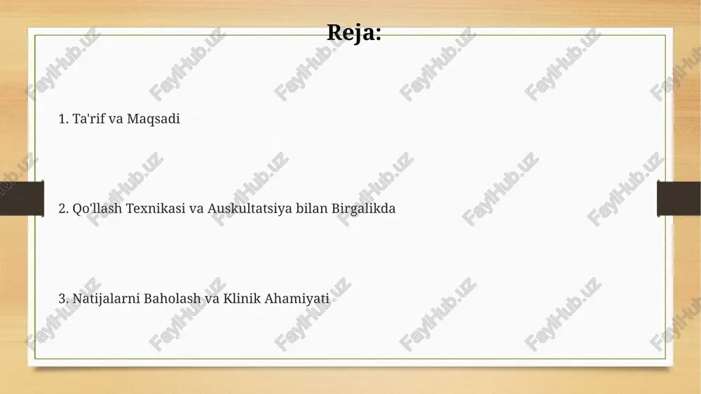 i 72 soatdan kam bo'lsa. teri osti emfizemi mavjud bemorlarda perkussiya qilishda ehtiyot bo'ling, chunki bosim havo qo'shimcha tarqalishiga olib kelishi, nafas olish buzilishini kuchaytirishi mumkin. pnevmoreksiya kabi holatlarda, perkussiya bemorning ahvolini yomonlashtirishi, potentsial o'pka kollapsiga olib kelishi mumkin, ayniqsa o'lchami 2 sm dan katta bo'lsa, bundan qochish lozim. tayyorgarlik bemorning kiyimini yechish yoki uni tozalash, o'pkani to'liq ochish uchun, perkussiya natijalariga xalaqit bermasligi uchun muhimdir. bemorga protsedura haqida tushuntirish berish, uning roziligini olish va pozitsiyani ta'minlash, odatda o'tirgan yoki tik turgan, bu o'pkani to'liq baholash imkonini beradi. shifokor qo'llarini yuvishi va isitishi, zarba jarayonida bemorga noqulaylikni kamaytirish va natijalarni aniqligini oshirish uchun kerak. texnika perkussiyani bemorning orqa va old tomonida yuqoridan pastga, yonma-yon taqqoslash orqali o'tkazing; nafas olish va chiqarish paytida 5-8 sm intervallarda tovush farqlarini aniqlang. perkussiya paytida barmoq-pleximetrning qattiq va to'liq kontaktini ta'minlash muhim, odatda o'rta barmoqdan foydalaniladi; taxminan 5-7 sm oraliqda bir xil zarbalar bering. qo'l …