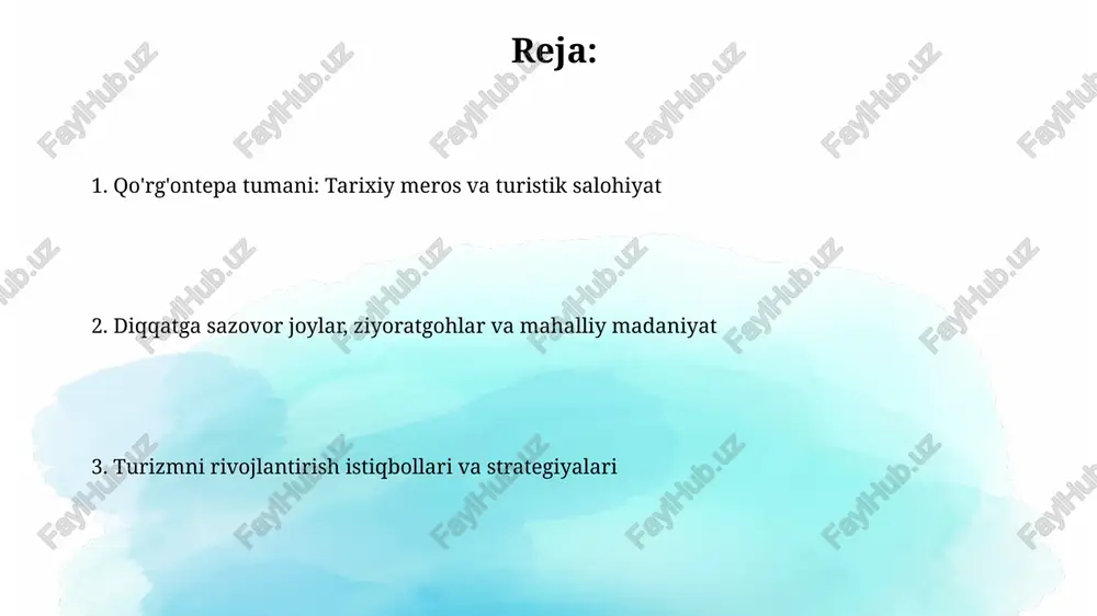 , o'rtacha yillik to'lish darajasi 45%ni tashkil etadi, bu esa infratuzilmani rivojlantirish zarurligini ko'rsatadi. korgontepa tumanida 3 ta avtobus yo'nalishi mavjud bo'lib, ular kuniga o'rtacha 1500 yo'lovchiga xizmat ko'rsatadi. ammo, turizm mavsumida transport imkoniyatlari yetarli emasligi kuzatiladi. turizmning iqtisodiy ta'siri va ekoturizm salohiyati korgontepa tumanida turizmdan keladigan daromad 15% ga oshishi mumkin, bu esa mahalliy budjetga qo'shimcha mablag'lar tushishiga va ijtimoiy loyihalarni moliyalashtirishga yordam beradi. ekoturizm korgontepada noyob flora va faunani saqlashga yordam beradi, shuningdek, mahalliy aholi uchun 200 dan ortiq yangi ish o'rinlarini yaratish imkonini beradi. turizmni rivojlantirish strategiyalari va istiqbolli loyihalar "qurg'ontepa turizm zonalarida "yashil yo'lak" eko-turistik marshrutini yaratish, u 30 km masofani qamrab oladi, mahalliy jamoalarni jalb etgan holda biologik xilma-xillikni saqlashga qaratilgan istiqbolli loyiha hisoblanadi. 2024-2030 yillarga mo'ljallangan strategiyaga ko'ra, qurg'ontepada 5 ta yangi mehmonxona qurish va xizmat ko'rsatish sifatini oshirish maqsadida xodimlar uchun 10 dan ortiq o'quv kurslarini tashkil etish rejalashtirilgan. turizm muammolari, yechimlari va …