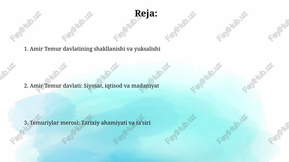 tlarining sifatini oshirdi. qonunchilik, boshqaruv tizimi va diplomatik aloqalar temurning 'tuzuklar'i davlat boshqaruvining asosiy qonuni boʻlib, 12 ta asosiy tamoyilga asoslangan, adolat, maslahat va qatʼiyatlilikni targʻib qilgan. amir temur davlati harbiy tizimga asoslangan boshqaruvga ega boʻlib, 10 minglik qoʻshin boʻlinmalari, yaʼni 'tuman'lar orqali markazlashgan hokimiyatni mustahkamlagan. amir temur vafotidan keyin davlatning taqdiri amir temur vafotidan so‘ng, 1405-yilda uning o‘g‘li shohruh taxtga o‘tirdi, lekin hokimiyat uchun kurashlar davom etdi, bu esa markaziy hokimiyatning zaiflashuviga olib keldi. temuriylar davlati 15-asr davomida ichki nizolar va o‘zaro urushlar tufayli bir nechta kichik davlatlarga bo‘linib ketdi, samarqand va hirot kabi markazlar mustaqil bo‘lib qoldi. temuriylar davri madaniyati, san’ati va amir temurning merosi temuriylar davri madaniyati matematikaga katta eʼtibor qaratdi. ulugʻbek samarqandda 1018 yulduzni kataloglagan rasadxona qurdi, astronomiyaga beqiyos hissa qoʻshdi. temuriylar sanʼati miniatyura rassomligida yuksak choʻqqiga erishdi. behzodning asarlari 15-asr miniatyurasining eng yorqin namunasi boʻlib, ularda nafislik va realizm mujassam. e'tiboringiz uchun rahmat @taqdimot_robot image2.png …