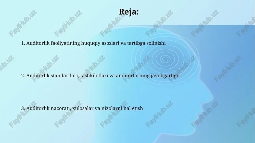 a asoslangan va xolis bo'lishi shart. auditorlarning javobgarligi auditorlar noto‘g‘ri auditorlik xulosalari uchun fuqarolik javobgarligiga tortilishi mumkin, agar bu xulosalar mijozga 100 million so‘mdan ortiq zarar keltirsa va ishonchli asoslarga ega bo‘lmasa. auditorlar 2 yilgacha qamoq jazosiga olib kelishi mumkin bo'lgan jinoiy javobgarlikka tortilishi mumkin, agar ular moliyaviy hisobotlardagi 50 million so‘mdan ortiq noto‘g‘ri ma’lumotlarni qasddan yashirsa. auditorlik tekshiruvlarining turlari majburiy auditorlik tekshiruvi qonun bilan belgilangan hollarda, masalan, yillik aylanmasi 100 milliard so'mdan oshadigan tashkilotlar uchun o'tkaziladi va moliyaviy hisobotning ishonchliligi ta'minlanadi. ixtiyoriy auditorlik tekshiruvi tashkilotning o'z tashabbusi bilan, masalan, investorlarni jalb qilish yoki ichki nazoratni yaxshilash maqsadida o'tkaziladi va uni moliyaviy barqarorligini tekshiradi. moliyaviy hisobotlarning ishonchliligi moliyaviy hisobotlarning ishonchliligi muhim, chunki investorlar va kreditorlar kabi manfaatdor tomonlar qaror qabul qilishda 100 foiz aniq va xolis ma'lumotlarga tayanishadi. auditorlar moliyaviy hisobotlarning ishonchliligi mezonlarini, masalan, halollik, xolislik va xatolarsiz bo'lishini baholash uchun audit standartlaridan (masalan, isa 200) foydalanadilar. auditorlik xulosasi auditorlik …