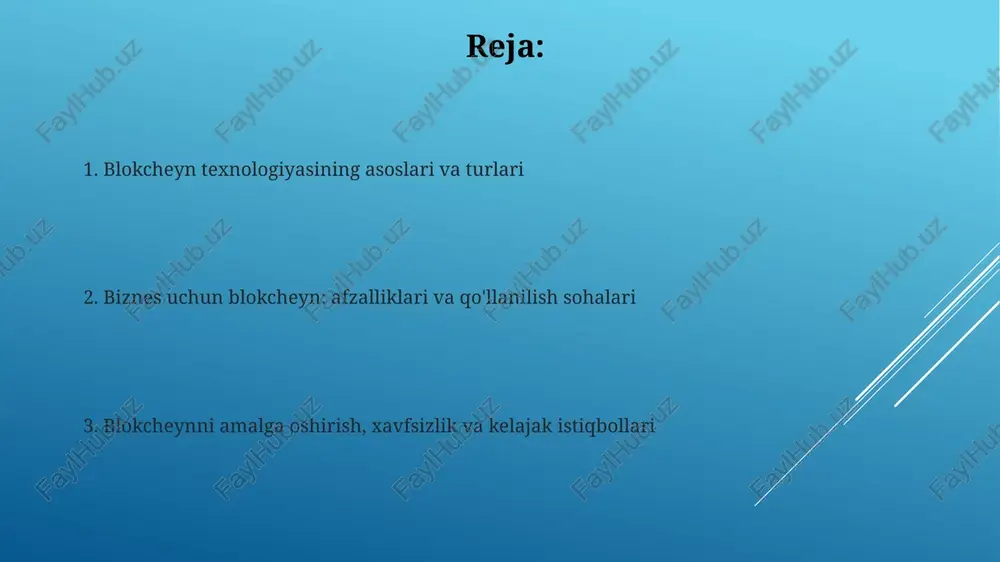 q qiladi va 24/7 rejimida xizmat ko'rsatishni ta'minlaydi, tranzaksiya xarajatlarini 50% gacha kamaytiradi. xavfsizlik va shaffoflik blokcheynning xavfsizligi kriptografik xeshlash funksiyalari orqali ta'minlanadi, bunda har bir blok oldingi blokning xeshini o'z ichiga oladi, ma'lumotlarni o'zgartirishni deyarli imkonsiz qiladi. 51% hujum xavfi mavjud. shaffoflik har bir tranzaksiyaning blokcheynda ochiq ravishda qayd etilishida namoyon bo'ladi, lekin shaxsiy ma'lumotlar kriptografik kalitlar bilan himoyalangan, bu esa maxfiylikni ta'minlaydi. gdpr qoidalariga rioya qilish kerak. amalga oshirish qiyinchiliklari mavjud it infratuzilmasi bilan integratsiya qilish qiyin bo'lishi mumkin, chunki ko'plab bizneslar eski tizimlarga ega va blokcheynning yangi texnologiyasi bilan moslashuvchanlikni ta'minlash qiyin. biznes jarayonlarini qayta ko'rib chiqish zarur. blokcheynni amalga oshirish yuqori boshlang'ich xarajatlarni talab qilishi mumkin, jumladan, dasturiy ta'minotni ishlab chiqish, apparat ta'minotini sotib olish va mutaxassislar yollash. roi aniqligi uchun moliyaviy baholash kerak. tartibga solish masalalari blokcheyn texnologiyasini tartibga solishda 100 dan ortiq mamlakatlarda turlicha yondashuvlar mavjud, bu esa transchegaraviy operatsiyalarni murakkablashtiradi va yagona global …