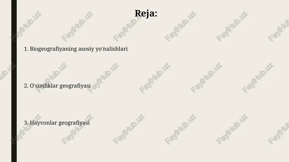afiyasi 1960-yillarda atrof-muhit muammolarining kuchayishi natijasida shakllandi, u inson va tabiat o'rtasidagi murakkab munosabatlarni o'rganadi. uning asosiy vazifalaridan biri – 2050-yilgacha kutilayotgan iqlim o'zgarishining ekotizimlar va aholiga ta'sirini baholash va mitigatsiya strategiyalarini ishlab chiqish. biogeografiya biogeografiya o'simliklar va hayvonlarning geografik taqsimotini o'rganadi, shu jumladan ularning 4 asosiy qonuniyatlari: tarqalishi, differentsiatsiyasi, migratsiyasi va ekologik moslashuvi. o'simliklar biogeografiyasi, fitogeografiya sifatida ham tanilgan, o'simliklar turlarining 7 asosiy biogeografik hudud bo'ylab taqsimlanishini va o'simlik jamoalarining shakllanishini tahlil qiladi. e'tiboringiz uchun rahmat @taqdimot_robot image2.jpg image3.jpg image4.jpg image5.jpg image6.jpg image7.jpg image8.jpg