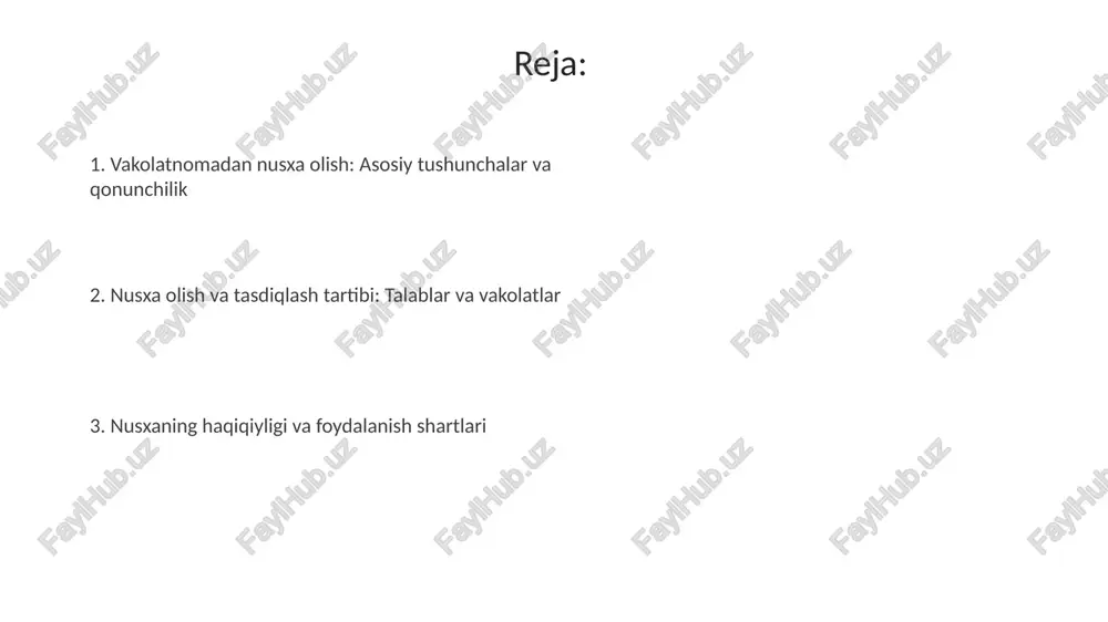 lat muddati vakolat beruvchi o'z vakolatnomasidan nusxa olishga roziligini aniq ifoda etishi shart. rozilik vakolatnomaning amal qilish muddati davomida olinishi lozim. vakolatnoma muddati tugashi bilan uning nusxalari ham yuridik kuchini yo'qotadi. nusxalar faqatgina amaldagi vakolatnoma asosida tasdiqlanishi mumkin. qonunchilik asoslari va amaliy maslahatlar o'zbekiston respublikasi fkning 142-moddasiga ko'ra, vakolatnoma shakli yozma bo'lishi shart, uning nusxasi esa notarial tasdiqlangan bo'lsa, qabul qilinadi. vakolatnomadan nusxa olishda, o'zr vmning 16-son qaroriga muvofiq, vakolat beruvchining roziligi va vakolat muddati albatta inobatga olinishi lozim. e'tiboringiz uchun rahmat @taqdimot_robot image3.png image5.jpg image6.jpg image7.jpg image8.jpg image9.jpg image10.jpg image1.jpeg image2.jpeg