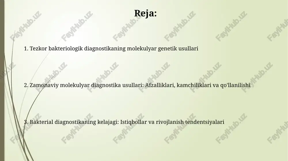 - bu 1 ta ferment va 4-6 ta primer yordamida dnkni 60-65°c da bir soat ichida kuchaytirishga asoslangan tezkor usuldir. mass-spektrometriya (maldi-tof ms) va mikroarraylar/biochiplar maldi-tof ms mikroorganizmlarni oqsillarining noyob 'barmoq izlari'ni aniqlash orqali turlarni aniqlash uchun ishlatiladi, bu esa 1-2 daqiqada natijalarni ta'minlab, an'anaviy usullarga qaraganda tezroq. mikroarraylar (biochiplar) bir vaqtning o'zida gen ekspressiyasini yoki dnk ketma-ketligini aniqlashga imkon beradi, bir vaqtning o'zida minglab genlarni tahlil qilib, ko'p kasalliklar tashxisini yaxshilaydi. antibiotiklarga chidamlilikni aniqlashning molekulyar usullari va klinik ahamiyati molekulyar usullar, masalan, pcr, 16s rrna genida qarshilik genlarini tezda aniqlay oladi, bu esa 24 soat ichida antibiotiklarga chidamlilikni aniqlash imkonini beradi. antibiotiklarga chidamlilik genlarini aniqlash, masalan blakpc, mcr-1, va meca, davolashni optimallashtirishga va superinfektsiyalarning tarqalishini kamaytirishga yordam beradi. xulosa: afzalliklari, kamchiliklari, istiqbollari va klinik qo'llanilishi tezkor molekulyar diagnostika afzalliklari aniqlik (95% dan yuqori), tezkorlik (2-24 soat), va antibiotiklarga chidamlilik genlarini aniqlash qobiliyatini o'z ichiga oladi, kamchiliklari esa yuqori narx …