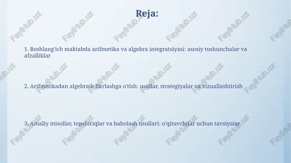 2). integratsiyalashgan ta'limning amaliy misollari va topshiriqlari namunaviy topshiriq: 5 ta olma va 3 ta nokning umumiy narxi 24 000 so'm bo'lsa, har bir mevadan x so'm va y so'mdan olib, algebraik ifodani tuzish. agar 3 quti konfetda jami 36 ta konfet bo'lsa, har bir qutidagi konfetlar sonini x deb belgilab, 3x = 36 tenglamani yechib, algebraik fikrlashni rivojlantirish. o'quvchilarning tushunishini baholash usullari o'quvchilarning tushunishini baholash uchun 'og'zaki tushuntirishlar'dan foydalanish mumkin, bunda ular o'z yechimlarini 3-4 qadamda tushuntirib, arifmetik va algebraik tushunchalarni bog'lay oladilar. baholashda 'muammolarni tuzish' topshiriqlaridan foydalaning. o'quvchilar berilgan 2-3 ta shartga asoslanib, arifmetik yoki algebraik masala tuzib, tushunchalarini namoyon etadi. o'qituvchilar uchun tavsiyalar: samarali integratsiya bo'yicha yo'riqnoma boshlang'ich sinflarda algebraik fikrlashni rivojlantirish uchun, 1-dan 4-sinfgacha bo'lgan davrda, vizualizatsiya va amaliy materiallardan foydalanish orqali oddiy tenglamalarni kiritish tavsiya etiladi. arifmetika va algebrani integratsiyalashda 10 dan ortiq turli muammolarni yechish strategiyalarini qo'llang, masalan, model tuzish va teskari harakat usullari, …