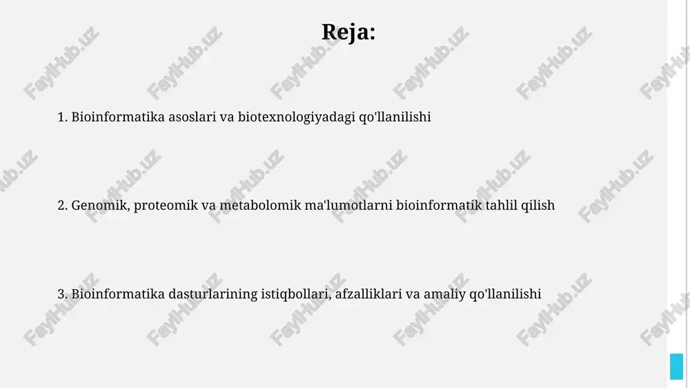 -ketligini tahlil qilish orqali mikrobial jamiyatlarni aniqlash va bioremediatsiyada ulardan foydalanish uchun genetik ma'lumotlar ishlatiladi. bioinformatika dasturlari va ma'lumotlar bazalari ncbi ning genbank ma'lumotlar bazasi 250 milliondan ortiq genetik ketma-ketliklarni o'z ichiga oladi va turli bioinformatika dasturlari orqali, jumladan blast va entrez orqali bepul foydalanish mumkin. blast (basic local alignment search tool) dasturi dnk yoki protein ketma-ketliklarini millionlab boshqa ketma-ketliklar bilan taqqoslash uchun ishlatiladi, bu funktsiya e-qiymati va foiz o'xshashligi orqali aniqlanadi. bioinformatikada dasturlash va algoritmlar bioinformatikada python va r kabi dasturlash tillari keng qo'llaniladi, chunki ular genetik ma'lumotlarni tahlil qilish uchun mos 1000 dan ortiq maxsus kutubxonalarga ega. bioinformatik algoritmikasi 10^9 tagacha bo'lgan genetik ketma-ketliklarni qidirish va taqqoslashda yordam beradi, bu esa dnk ketma-ketligini aniqlashda muhim ahamiyatga ega. bioinformatikaning afzalliklari, kamchiliklari va kelajagi bioinformatika genomik ma'lumotlarni tezkor tahlil qilish, kasalliklar diagnostikasi va yangi dori vositalarini ishlab chiqish jarayonlarini 50% ga tezlashtiradi, lekin ma'lumotlarning noto'g'ri interpretatsiyasi xavfi mavjud. bioinformatika qishloq …