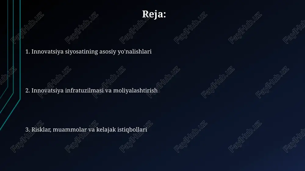 o'lib, fundamental tadqiqotlar o'tkazib, yangi texnologiyalarni ishlab chiqishga xizmat qiladi. moliyalashtirish mexanizmlari innovatsion faoliyatni moliyalashtirishda davlat grantlari muhim rol o'ynaydi, ular tadqiqot loyihalarini qo'llab-quvvatlash uchun 500 million so'mdan 2 milliard so'mgacha mablag' ajratishi mumkin. venture kapital fondlari startaplarni moliyalashtirishda faol ishtirok etadi, ular dastlabki bosqichda 100 ming dollardan 5 million dollargacha investitsiya kiritib, ularning rivojlanishiga hissa qo'shadi. qonunchilik va tartibga solish bazasi innovatsiya faoliyatini tartibga soluvchi asosiy qonun "innovatsion faoliyat to'g'risida"gi qonun bo'lib, u 2008-yilda qabul qilingan va bir necha bor o'zgartirishlar kiritilgan. intellektual mulk huquqlarini himoya qilish sohasida o'zbekiston respublikasining fuqarolik kodeksi va "patent to'g'risida"gi qonun kabi bir qator normativ-huquqiy hujjatlar mavjud. kelajak istiqbollari sun'iy intellekt (ai) va katta ma'lumotlar (big data) texnologiyalari 2030 yilgacha davlat innovatsiya siyosatida muhim rol o'ynab, qaror qabul qilish va resurslarni taqsimlashni yaxshilaydi. blokcheyn texnologiyasi davlat xizmatlari va innovatsion moliyalashtirishda shaffoflikni oshirib, 2025 yilga borib davlat mablag'larining hisobdorligini ta'minlashga yordam beradi. e'tiboringiz uchun rahmat …