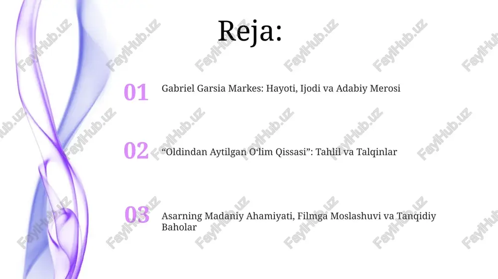 idalariga ko'r-ko'rona rioya qilishadi va santiagoga qarshi rejalashtirilgan qotillikni amalga oshiradilar. asarning asosiy mavzulari: taqdir, sharaf, jamiyat “oldindan aytilgan o'lim qissasi” asarida taqdir 18 yoshli santyago nasarning o'limini oldindan belgilab qo'ygan voqealarning ketma-ketligi orqali namoyon bo'ladi, bu esa qochib qutulishning ilojsizligini ta'kidlaydi. sharaf tushunchasi asosiy rol o'ynaydi, chunki ikki aka-uka anxel vikario singlisining bokiralik yo'qolganligi sababli santyagoni o'ldirishga majbur bo'ladi, jamiyatning sharafga bo'lgan qat'iy talablari sababli. jamiyat asarda befarq kuzatuvchi sifatida tasvirlangan, ko'pchilik santyago nasarning o'limidan xabardor bo'lsa ham, aralashish uchun hech narsa qilmaydi, bu esa aybdorlikni baham ko'rish tuyg'usini yaratadi. adabiy uslub: sehrli realizmning namoyon bo'lishi markesning asarida sehrli realizm voqealarni o'zgartirmaydi, balki ularni o'quvchi ongida kengaytiradi, miflar va folklorni kundalik hayot bilan birlashtirgan 2 xil dunyo yaratadi. "oldindan aytilgan o'lim qissasi" sehrli realizmni 1950-yillardagi kolumbiyaning qirg'oq bo'yi shahrining oddiy voqeliklari bilan uyg'unlashtirib, oilaviy nizolarning haqiqatini ochib beradi. "oldindan aytilgan o'lim qissasi"dagi tushlar, oldindan aytishlar va g'ayritabiiy hodisalar 10 …