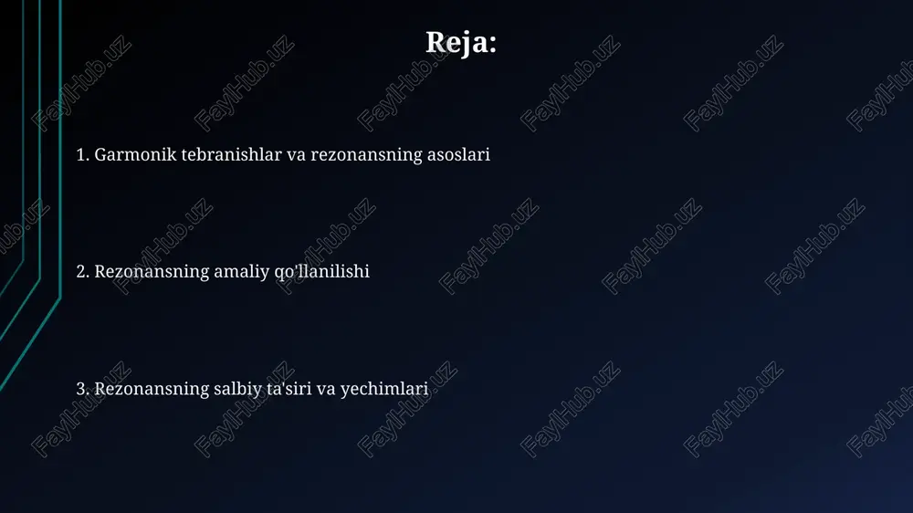 giya almashinuvida samaraliroq bo'ladi. rezonansning amaliy qo'llanmalari radio qabul qilgichlar rezonansdan foydalanib, ma'lum chastotalarni (masalan, 101.5 mhz) tanlab, boshqa chastotalardagi signallarni filtrlash orqali kerakli stansiyani aniq qabul qiladi. musiqa asboblarida, masalan, gitara tanasida, rezonans ovozni kuchaytirish uchun ishlatiladi; tananing tabiiy chastotalari torlarning tebranishlarini oshiradi, natijada balandroq tovush hosil bo'ladi. rezonans tufayli buzilishlar va tebranish izolatsiyasi rezonans sababli buzilishlar, masalan, 1940-yildagi tacoma ko'prigi halokati, tashqi kuchning chastotasi ko'prikning tabiiy chastotasiga mos kelganda sodir bo'ladi. tebranish izolatsiyasi tizimlari, masalan, 10 gts chastotali ishlaydigan dvigatel uchun, damping materiallari yordamida tebranishlarni kamaytirish va konstruksiyalarga zarar yetkazishning oldini olish uchun ishlatiladi. muhandislik, tibbiyot va geofizikada qo'llanilishi muhandislikda rezonansdan binolarning zilzilalarga chidamliligini oshirish uchun foydalaniladi, konstruksiyalarning tabiiy tebranish chastotalari 1-10 hz dan uzoqroq bo'lishi kerak. tibbiyotda mrt (magnit-rezonans tomografiya) usuli atom yadrolarining 60-80 mhz chastotadagi radio to'lqinlar bilan rezonansga kirishidan foydalanib, tana a'zolarini tasvirlaydi. e'tiboringiz uchun rahmat @taqdimot_robot image1.png image2.jpg image3.jpg image4.jpg image5.jpg image6.jpg image7.jpg image8.jpg