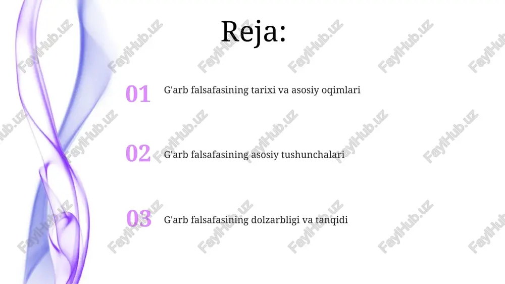 a jamoaviylik va o'zaro bog'liqlikka 100% e'tibor qaratadi. bu esa turli axloqiy qarashlarni keltirib chiqaradi. zamonaviy dunyoda gʻarb falsafasining dolzarbligi g'arb falsafasining axloqiy tizimlari, masalan, utilitarizm va deontologiya, bugungi kunda korporativ ijtimoiy javobgarlik va bioetika kabi sohalarda 21-asr muammolarini hal qilishda qo'llaniladi. epistemologik munozaralar, ayniqsa haqiqat, ishonch va bilim manbalari haqida, soxta yangiliklar va axborot urushlari hukmron bo'lgan davrda tanqidiy fikrlash qobiliyatini rivojlantirish uchun juda muhimdir. xulosa g'arb falsafasining xulosasi uning doimiy rivojlanishini ta'kidlaydi: gretsiyadan to hozirgi kungacha bo'lgan asosiy oqimlar 2500 yillik davrni qamrab oladi, bu esa doimo o'zgarib turadi. falsafa etika, epistemologiya va metafizika kabi muhim yo'nalishlarni qamrab oladi, bu esa insoniyatning asosiy savollariga javob berishga qaratilgan turli xil nazariyalarni taqdim etadi. e'tiboringiz uchun rahmat @taqdimot_robot image5.jpg image6.jpg image7.jpg image8.jpg image9.jpg image10.jpg image11.jpg image1.jpeg image2.jpeg image3.jpeg