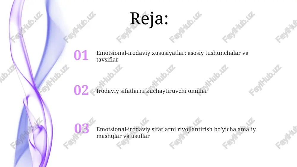 ligini belgilaydi va uning hissiy reaksiyalari tezligini ko'rsatadi. xarakter shakllanishi hayot davomida, ayniqsa, ijtimoiy muhit va tarbiya ta'sirida rivojlanadi. u 10 dan ortiq sifatlarni o'z ichiga oladi: halollik, mehribonlik, mas'uliyat va boshqalar. motivatsiya: maqsadga erishish omili motivatsiya, maqsadga erishishning asosi bo'lib, 70% muvaffaqiyatga erishishda hissiy intellekt, qat'iyatlilik va sabr-toqat kabi omillar bilan chambarchas bog'liq. maqsadga erishishda motivatsiya darajasini oshirish uchun 3 xil usul mavjud: o'z-o'zini rag'batlantirish, maqsadni aniq belgilash va doimiy o'rganishga intilish muhimdir. motivatsiyaning psixologik turlari: ichki (qiziqish) va tashqi (mukofot). ichki motivatsiya uzoq muddatli maqsadlarga erishish uchun 90% ko'proq samarali hisoblanadi. o'z-o'zini nazorat qilish: ichki barqarorlik garovi ichki barqarorlik 70% o'z-o'zini nazorat qilishga bog'liq. stress holatida fikrlashni saqlab qolish, vaziyatni 3 xil nuqtai nazardan tahlil qilishga yordam beradi. o'z-o'zini nazorat qilish hissiy reaksiyalarni boshqarishda muhim rol o'ynaydi. bu orqali impulsiv harakatlardan voz kechib, 0.5 sekund ichida to'g'ri qaror qabul qilinadi. o'z-o'zini nazorat qilish orqali shaxs 85% muvaffaqiyatga erishadi. …