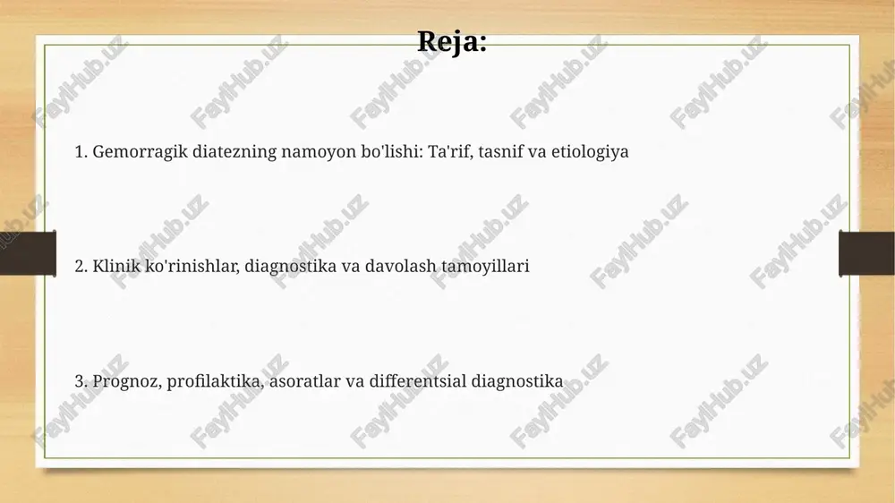 mbin vaqtini (pt) baholash, xalqaro normallashtirilgan nisbat (inr) va qisman tromboplastin vaqtini (ptt) aniqlash ivish tizimi nuqsonlarini aniqlashga yordam beradi. trombotsitlar soni va ularning funksional faolligini aniqlash uchun agregatsiya testlari va trombotsitlar antitelalari tahlili, masalan, elisa, trombotsitopeniya va trombotsitopatiyalar differentsial diagnostikasi uchun zarurdir. davolash prinsiplari gemorragik diatezning davolash tamoyillari etiologik omillarni bartaraf etishga qaratilgan bo'lib, masalan, k vitamini yetishmovchiligida 10-20 mg vitamin k in'ektsiyasi qo'llaniladi. trombotsitopeniyada trombotsitlar transfüzyoni qo'llaniladi, lekin bunda autoimmun trombotsitopeniyada ivig 1 g/kg yoki anti-d immunoglobulin buyurish afzalroq bo'ladi. og'ir qon ketishlarda qon quyish, kriopretsipitat yoki yangi muzlatilgan plazma kabi gemostatik vositalar koagulyatsiya faktorlarini tiklash va gemostazni ta'minlash uchun ishlatiladi. prognoz, profilaktika va asoratlar profilaktika trombotsitlar sonini 20 x 10^9/l dan yuqori ushlab turishni, antikoagulyantlarni nazorat qilishni va travmadan saqlanishni o'z ichiga oladi, ayniqsa og'ir trombotsitopeniya yoki antikoagulyantlarni qabul qilganda. gemorragik diatezlarning prognozi kasallik turiga bog'liq; masalan, 5 yillik omon qolish gemofiliya a ning og'ir shakllarida zamonaviy …