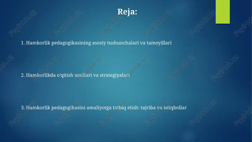 o'z ichiga oladi, bu yerda o'quvchilar bir-birining ishini 3-5 mezon asosida baholaydilar. sinf muhitida hamkorlik, o'quvchilarni 7-10 kishilik guruhlarga bo'lishni talab etadi, bunda har bir a'zo ma'lum 2-3 vazifani bajaradi. amaliyot, tadqiqotlar va kelajak istiqbollari amaliyotda hamkorlik pedagogikasi 21-asr ko'nikmalarini rivojlantirishga qaratilgan: tanqidiy fikrlash, muammolarni hal qilish va kommunikatsiya, guruhlarda samarali ishlash orqali. tadqiqotlar shuni ko'rsatadiki, hamkorlikda o'qitish o'quvchilarning o'zlashtirish darajasini 15-20% ga oshiradi, shuningdek, ijtimoiy va emotsional rivojlanishga ijobiy ta'sir ko'rsatadi. e'tiboringiz uchun rahmat @taqdimot_robot image7.jpg image8.jpg image9.jpg image10.jpg image11.jpg image12.jpg image1.png image2.png image3.png image4.png