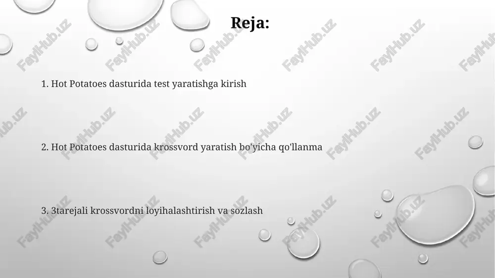 d; standart papka c:\program files\hot potatoes 7 bo'lib, 150 mb bo'sh joy talab etiladi va ushbu joyni hisobga olish zarur. hot potatoes dasturini ishga tushirish hot potatoes dasturini ishga tushirish uchun, avvalo, uni kompyuteringizga o'rnatishingiz kerak, keyin esa dastur papkasidan yoki ish stolingizdan uning .exe faylini ikki marta bosishingiz mumkin. dasturni birinchi marta ishga tushirganingizda, sizga ro'yxatdan o'tish oynasi ko'rsatilishi mumkin; bepul foydalanish uchun, uni bekor qilib, dasturni sinov rejimida ishlatsangiz bo'ladi. hot potatoes dasturining interfeysi juda oddiy va intuitiv. unda oltita asosiy dastur (jquiz, jcloze, jmatch, jmix, jcross va the masher) mavjud bo'lib, ularning har biri alohida test turini yaratishga mo'ljallangan. jcross nima? jcross yordamida krossvordlarda 1 dan 100 gacha boʻlgan raqamlardan foydalanish mumkin, bu esa matnli savollarga javoblar sifatida raqamli qiymatlarni kiritish imkoniyatini beradi. jcross hot potatoes dasturining komponenti boʻlib, u foydalanuvchilarga interaktiv krossvordlarni yaratish imkoniyatini beradi, bunda 20 tagacha satr va ustun boʻlishi mumkin. jcross html formatidagi …