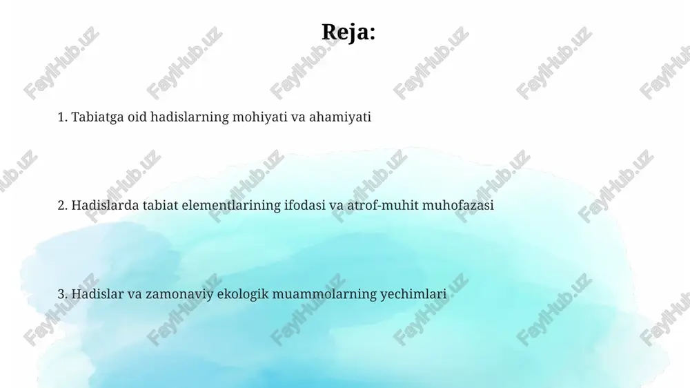 ifloslanishning oldini olishga qaratilgan ko'rsatmalar mavjud, masalan, suv manbalarini (daryo, ko'l) zaharlamaslik, chunki suv - barcha tirik mavjudot uchun hayot manbai. hayvonlarga mehribonlik haqidagi hadislar payg'ambar muhammad (s.a.v.) bir ayol mushukni qamab, ochlikdan o'lishiga sabab bo'lgani uchun do'zaxga tushganini aytganlar. bu hayvonlarga nisbatan shafqatsizlikning og'ir oqibatlarini ko'rsatadi. hadislarda hayvonlarga ortiqcha yuk yuklash, ularni urish yoki qiynash qoralanadi; ularga qulaylik yaratish va to'g'ri parvarish qilishga chaqiriladi. bu mehribonlikning muhimligini ta'kidlaydi. rasululloh (s.a.v.) hayvonni so'yishda ham o'ta ehtiyotkor bo'lishni buyurganlar; asbobni o'tkirlash va hayvonni qiynamaslik lozimligini uqtirganlar. bu hayvon huquqlariga e'tiborni ifodalaydi. daraxt ekish va bog'dorchilik haqidagi hadislar bir hadisda aytilishicha, qiyomat kuni boshlanib qolsa ham, qo'lida nihol bo'lgan odam uni ekishga ulgurishi kerak, bu esa daraxt ekishning naqadar muhimligini ko'rsatadi. payg'ambarimiz muhammad (s.a.v.) daraxt ekishni sadaqai joriya deb ta'kidlaganlar, bu esa ekilgan daraxtdan insonlar va hayvonlar foyda ko'rsa, ekkanga doimiy savob yozilib turishini anglatadi. daraxt ekish va bog'dorchilik haqidagi hadislarda suvni …