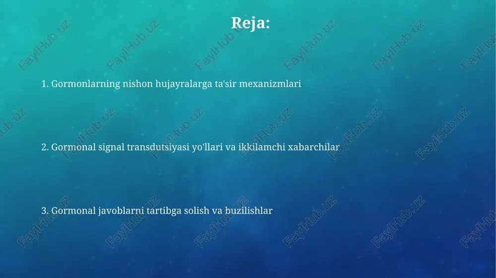 evosita ta'sir o'tkazadi va oqsillar sintezini boshlash uchun transkripsiya omillarini faollashtiradi, metabolizmni 2-3 baravar tezlashtiradi. ikkinchi darajali xabarchilar: signal uzatishda roli ikkinchi darajali xabarchilar, masalan, camp va ip3, gormon-retseptor kompleksi tomonidan hosil bo'ladi va hujayra ichidagi signalni kuchaytirib, birinchi xabarchining ta'sirini o'nlab marta oshiradi. ca2+ kabi ikkinchi darajali xabarchilar kalmodulin kabi oqsillarga bog'lanib, turli fermentlarni faollashtiradi, bu esa hujayra fiziologiyasiga ta'sir qiluvchi biokimyoviy reaksiyalarni (fosforlanish va defosforlanish) boshlaydi. gormonlar va gen ekspressiyasiga ta'siri ko'pgina gormonlar, ayniqsa steroid va qalqonsimon bez gormonlari, nishon hujayralar ichidagi retseptorlar bilan bog'lanib, gen ekspressiyasini o'zgartiruvchi transkripsion omillarni faollashtiradi. gormon-retseptor kompleksi dnkning ma'lum joylariga (gormonga javob beruvchi elementlar) birikib, ma'lum genlarning transkripsiyasini kuchaytiradi yoki susaytiradi, oqsil sinteziga ta'sir ko'rsatadi. fosforlanish va defosforlanish: gormonal signalizatsiyada fosforlanish oqsillarga fosfat guruhi (po4^3-) qo'shilishini o'z ichiga oladi, ko'pincha kinazalar orqali, bu esa oqsilning faolligini o'zgartirishi mumkin, uni faollashtirishi yoki faolsizlantirishi mumkin. defosforlanish - fosfat guruhi olib tashlanishi, odatda fosfatazalar orqali, …