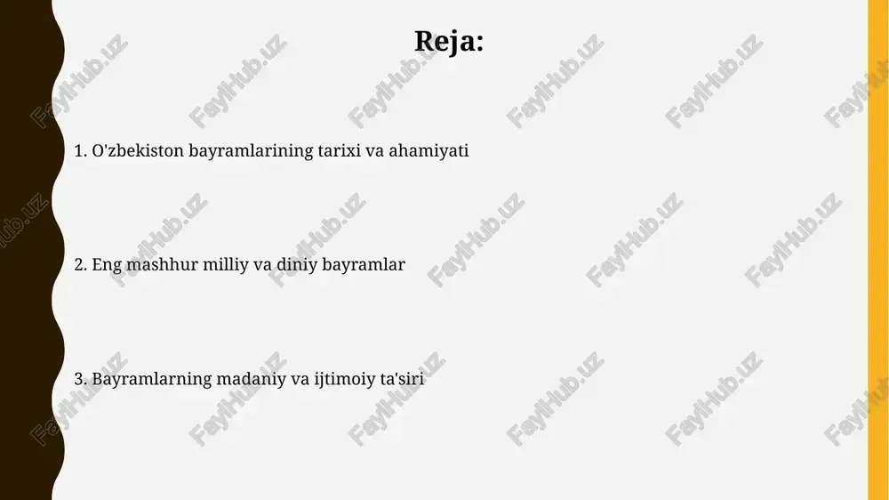 shirinlik bo'lib, unda bug'doy unib chiqishi uchun 7-10 kun davomida tayyorlanadi va jamoa bo'lib pishiriladi. bayramlarning ijtimoiy ahamiyati bayramlar, 10-20 nafar odam ishtirok etadigan oilaviy uchrashuvlardan tortib, millionlab kishilik milliy nishonlashgacha bo'lgan jamiyat birdamligini mustahkamlaydi va avlodlar o'rtasida aloqalarni kuchaytiradi. ular madaniy merosni asrashga yordam beradi, chunki 50 dan ortiq turli urf-odatlar, o'yinlar va marosimlar nishonlanadi, bu esa milliy o'zlikni saqlab qolishning muhim qismidir. o'zbekiston bayramlarining turizmga ta'siri o'zbekistonda navro'z kabi yirik bayramlar mart oyida turizmning 20-30% ga oshishiga olib keladi, chunki bu davrda xalqaro sayohatchilar madaniy tadbirlarga qiziqadi. iyd al-fitr va iyd al-adha kabi diniy bayramlarda turizm mahalliy yo'nalishlarda 15% ga o'sadi, ziyoratchilar va oilalar muqaddas joylarga tashrif buyuradi. e'tiboringiz uchun rahmat @taqdimot_robot image2.jpg image3.jpg image4.jpg image5.jpg image6.jpg image7.jpg image8.jpg