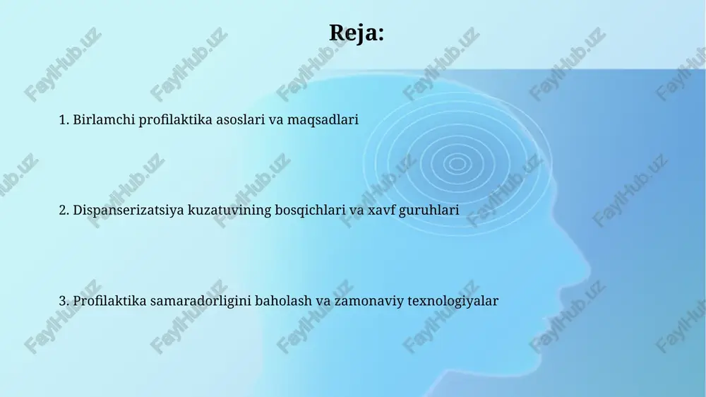 siya ikkinchi bosqichida ularga individual kuzatuv rejalari tuziladi, shu jumladan, diagnostika va davolash tadbirlari belgilanadi. diagnostika, davolash, reabilitatsiya va profilaktik maslahatlar diagnostika bosqichida yurak-qon tomir kasalliklari uchun ekg va qon bosimi monitoringi kabi oddiy testlar, shuningdek, murakkabroq usullar, masalan, yurakning kt angiografiyasi o'tkaziladi. davolash jarayoni bemorning ahvoliga qarab farqlanadi, lekin ko'pincha dori-darmon, masalan, gipertoniya uchun ace inhibitörleri va reabilitatsiya, masalan, insultdan keyin fizioterapiyani o'z ichiga oladi. samaradorlikni baholash, qonunchilik va zamonaviy texnologiyalar samaradorlikni baholashda 5 yillik kasalliklar dinamikasi o'rganiladi, bunda yangi holatlar soni va surunkali kasalliklarning og'irlashuv darajasi hisobga olinadi. qonunchilikka ko'ra, 2024-yilda dispanserizatsiya qamrovini 90%ga yetkazish va profilaktik ko'riklar sonini har yili 15%ga oshirish maqsad qilingan. e'tiboringiz uchun rahmat @taqdimot_robot image2.png image3.jpg image4.jpg image5.jpg image6.jpg image7.jpg image8.jpg image1.png