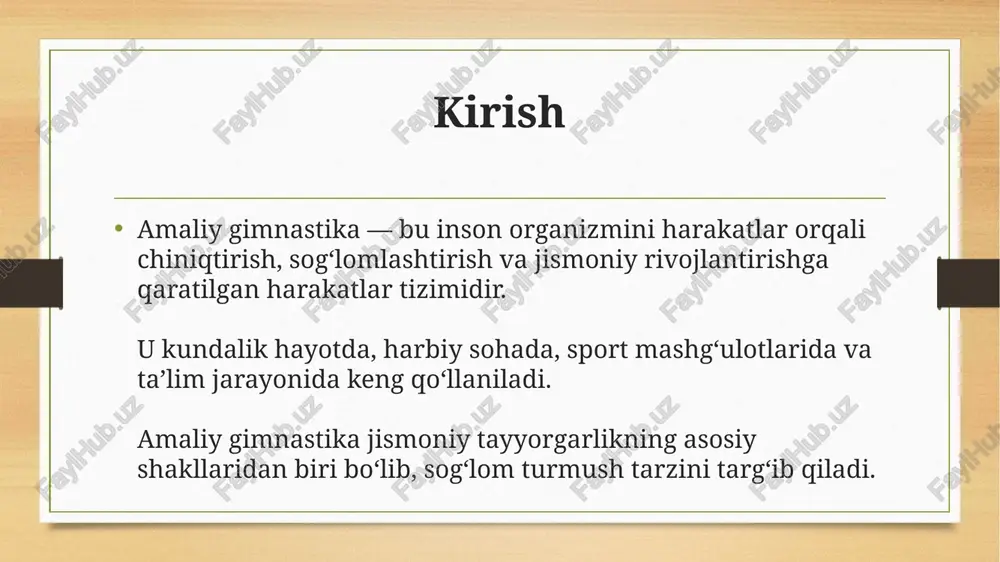 amaliy gimnastika inson salomatligini mustahkamlashda muhim rol o‘ynaydi. bu sohaga texnologiyalar, yangi metodikalar kirib kelmoqda. kelajakda raqamli platformalar yordamida keng joriy etilishi kutilmoqda. image7.jpeg image8.jpeg image9.jpeg image10.png image11.jpeg image3.png image4.png /docprops/thumbnail.jpeg