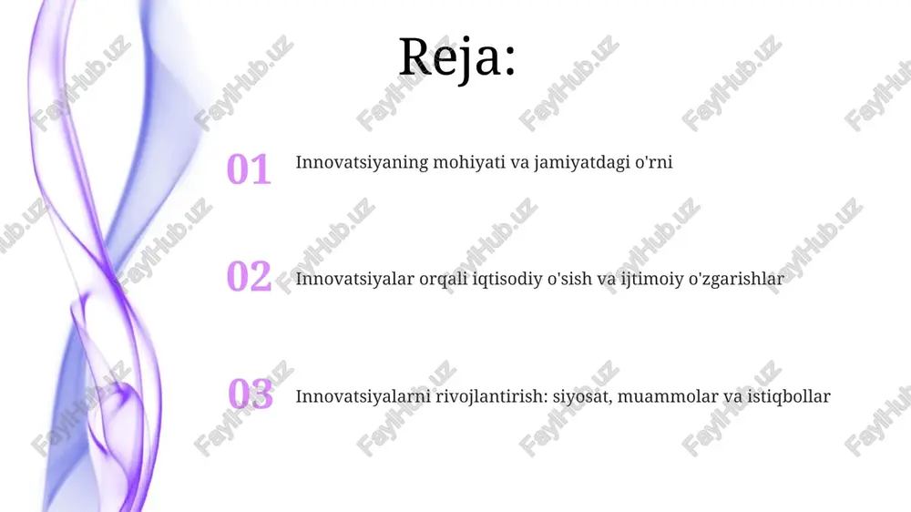 yaratdi. atrof-muhit va barqaror rivojlanish innovatsion materiallar, masalan, biologik parchalanadigan plastmassalar va qayta ishlangan mahsulotlar, resurslardan foydalanishni optimallashtiradi va chiqindilarning atrof-muhitga salbiy ta'sirini kamaytiradi, shu bilan barqarorlikka hissa qo'shadi. innovatsiyalar qayta tiklanadigan energiya texnologiyalarini (masalan, quyosh panellari va shamol turbinalari) yaratish orqali issiqxona gazlari emissiyasini kamaytirishda muhim rol o'ynaydi, bu esa global isishni sekinlashtiradi. rag'batlantirish, huquqiy masalalar, muammolar va istiqbollar innovatsiyalarni rag'batlantirish siyosati 2024 yildan boshlab soliq imtiyozlari va grantlar orqali startap loyihalarini qo'llab-quvvatlashni kuchaytiradi, bunda 30% lik o'sish kutilmoqda. mualliflik huquqi va patent qonunchiligi 2025 yilgacha takomillashtiriladi, bu esa intellektual mulk himoyasini kuchaytirib, investitsiyalarni 15% ga oshirishga yordam beradi. e'tiboringiz uchun rahmat @taqdimot_robot image4.png image5.jpg image6.jpg image7.jpg image8.jpg image9.jpg image10.jpg image1.jpeg image2.jpeg image3.jpeg