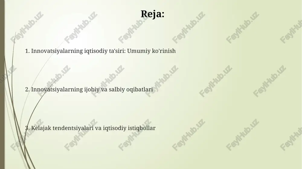 . tadbirkorlikni innovatsiyalar orqali qo'llab-quvvatlash yangi startaplar sonini 25% ga oshirishi mumkin, bu esa yimning o'sishiga va yangi ish o'rinlarining yaratilishiga olib keladi. investitsiyalar, davlat siyosati va ta'limning ahamiyati investitsiyalar ilmiy-tadqiqot ishlariga yo'naltirilganda, 10 yil ichida yangi texnologiyalar va mahsulotlar yaratilib, yaim o'sishini 2-3 foizga oshirishi mumkin. davlat siyosati, xususan soliq imtiyozlari va subsidiyalar innovatsion loyihalarni qo'llab-quvvatlash orqali xususiy investitsiyalarni 25 foizgacha rag'batlantirishi mumkin. ta'lim va malaka oshirish dasturlari stem sohasidagi mutaxassislarni 15 foizga ko'paytirib, innovatsion g'oyalarni tijoratlashtirish imkoniyatini oshiradi. innovatsiyalarning global iqtisodiyotga ta'siri va salbiy oqibatlari innovatsiyalar, ayniqsa avtomatlashtirish, ishsizlikka olib kelishi mumkin. jahon banki hisob-kitoblariga ko'ra, ayrim mamlakatlarda 60% ish o'rinlari avtomatlashtirish xavfi ostida. global qiymat zanjirlari innovatsiyalar hisobiga qayta tuziladi, bunda 3d bosib chiqarish kabi texnologiyalar ishlab chiqarishni mahalliy darajaga olib chiqib, xalqaro savdoni o'zgartirishi mumkin. innovatsiyalar resurslardan haddan tashqari foydalanish va atrof-muhitning degradatsiyasiga olib kelishi mumkin, bu esa iqlim o'zgarishi va 2050 yilga borib global yimning …