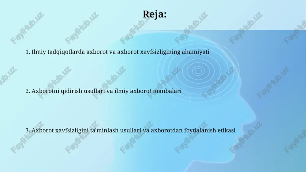 ari, kitoblar, hisobotlar va patentlarni o'z ichiga oladi; ularning ishonchliligini baholashda impakt faktor, iqtibos indekslari kabi ko'rsatkichlarga e'tibor qaratish lozim. ilmiy ma'lumotlar bazalari, masalan, web of science, scopus va pubmed, minglab jurnallarni indekslaydi. manba sifatini baholashda peer-review, nashr etilgan maqolalarning sifati va nashriyot obro'si muhim ahamiyatga ega. axborotni qayta ishlash va saqlash usullari axborotni qayta ishlashning asosiy usuli ma'lumotlarni tozalashdir. bu noto'g'ri ma'lumotlarni, 15% dan kam qiymatga ega bo'lganlarni va noto'g'ri yozuvlarni yo'q qilishni o'z ichiga oladi. ma'lumotlarni saqlashda, bulutli texnologiyalar keng qo'llaniladi. ular ma'lumotlarning 99.99% xavfsizligini ta'minlaydi va terabayt hajmdagi ma'lumotlarni saqlashga qodir. axborot xavfsizligini ta'minlash usullari va siyosati axborot xavfsizligini ta'minlash usullaridan biri bu ma'lumotlarni shifrlashdir; aes-256 kabi kuchli algoritmlar ruxsatsiz kirishdan himoya qiladi, bu esa ma'lumotlarning maxfiyligini oshiradi. axborot xavfsizligi siyosati xodimlarning ma'lumotlarga kirish huquqlarini aniqlab beradi, masalan, faqat 'zarur bilish' tamoyili asosida, ma'lumotlarga cheklangan kirishni ta'minlaydi. ilmiy tadqiqotda axborotdan foydalanish etikasi va qonunchilik ilmiy tadqiqotda axborotdan …