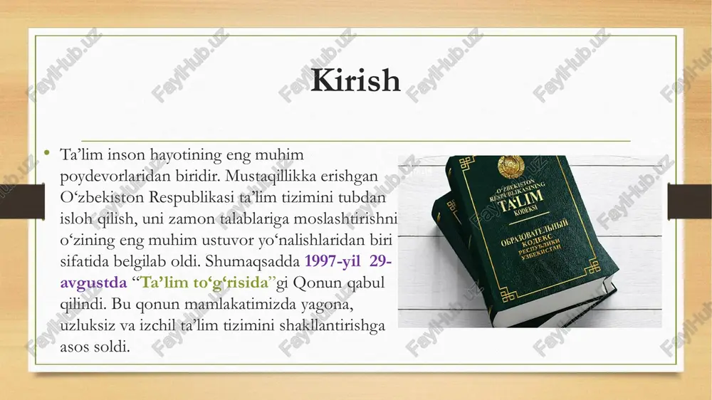 uvi qo‘llab-quvvatlanadi. insonparvarlik uzluksizlik, demokratiklik, ta’lim tizimi bosqichlari • qonunda o‘zbekiston ta’lim tizimining asosiy bo‘g‘inlari aniq ko‘rsatib o‘tilgan: maktabgacha ta’lim, umumiy o‘rta ta’lim, o‘rta maxsus va kasb-hunar ta’limi, oliy ta’lim, kadrlar malakasini oshirish hamda qayta tayyorlash. har bir bosqichda shaxsning qobiliyatlarini rivojlantirish, bilimini chuqurlashtirish va jamiyatda faol ishtirok etish imkoniyatlari yaratiladi. qonunda belgilangan yangilikla yangi tahrirda ta’lim muassasalariga akademik mustaqillik berish, nodavlat ta’lim tashkilotlarini qo‘llab- quvvatlash, xususiy sektorni jalb etish kabi muhim yangiliklar joriy etilgan. shuningdek, ta’lim sifatini baholash tizimi, o‘qituvchilar mehnatini rag‘batlantirish va xalqaro dasturlar asosida o‘qish imkoniyatlari kengaytirildi. ta’lim tizimini raqamlashtirish • 2020-yilgi o‘zgarishlar ta’limda raqamli texnologiyalarni keng joriy etishga alohida e’tibor qaratadi. masofaviy ta’lim, onlayn kurslar, elektron darsliklar va raqamli reyting tizimi joriy etildi. bu o‘zgarishlar pandemiya davrida o‘zining samaradorligini isbotladi. • ta’lim to‘g‘risida”gi qonun yoshlar ongida yuksak ma’naviyatni shakllantirish, ularni vatanparvar, bilimli va mas’uliyatli insonlar qilib tarbiyalashga xizmat qiladi. shuningdek, u ta’lim tizimini xalqaro standartlarga yaqinlashtirish …
