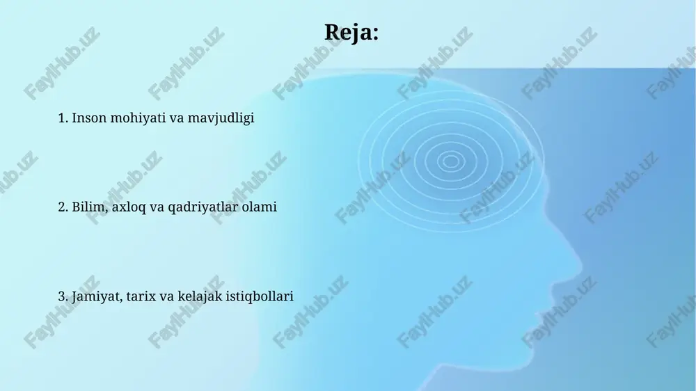 ni anglatadi. egzistensializmda erkinlik - bu mavjudotning 0 dan 100 gacha bo'lgan tanlash imkoniyatidir. bu tanlovlar uchun 100 foiz javobgarlik mas'uliyatni yuzaga keltiradi, bu esa hayotning ma'nosini yaratadi. o'lim va abadiyatga munosabat ba'zi falsafiy maktablar o'limni hayotning tugashi deb hisoblaydi, shuning uchun abadiyat faqatgina xotiralarimizda va merosimizda 0 ga teng bo'ladi. boshqa qarashlarga ko'ra, o'lim bu abadiy ruhning bir holatdan boshqasiga o'tishi, masalan, reinkarnatsiya yoki jannatga kirishning 1-bosqichi hisoblanadi. hayotning ma'nosi va maqsadlari hayotning ma'nosi ko'pincha shaxsiy qadriyatlar bilan bog'liq: 1) o'z-o'zini anglash, 2) boshqalarga yordam berish, 3) ijodkorlik; maqsad esa bu qadriyatlarni amalda namoyon etishdir. viktor franklning logoterapiyasi hayotning ma'nosini topishning uch yo'lini ko'rsatadi: 1) ish, 2) sevgi, 3) azob chekishga munosabat. har bir shaxs o'ziga xos maqsadi borligini ta'kidlaydi. e'tiboringiz uchun rahmat @taqdimot_robot image3.jpg image4.jpg image5.jpg image6.jpg image7.jpg image8.jpg image9.jpg image1.png