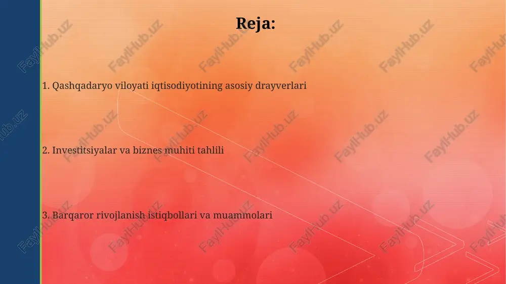 aqini ta'mirga muhtoj, bu esa yuk tashish xarajatlarini oshiradi. turizm va investitsiya imkoniyatlari qashqadaryo viloyatida geoturizmning rivojlanish imkoniyatlari katta, chunki hisor qo'riqxonasi kabi noyob joylar mavjud bo'lib, ularga 100 mingdan ortiq sayyohni jalb qilish mumkin. investitsiyalar uchun jozibador sohalardan biri bu zamonaviy mehmonxonalar qurilishi bo'lib, ularga 5 million dollardan 10 million dollargacha sarmoya kiritish orqali yuqori daromad olish mumkin. viloyatda ekoturizmni rivojlantirish uchun 30 dan ortiq potensial yo'nalish mavjud, shu jumladan, tog'li hududlarda yangi dam olish maskanlarini yaratish uchun 15 million dollar investitsiya talab etiladi. eksport, import va biznes muhiti viloyatda biznes muhitini yaxshilash uchun soliq imtiyozlari va davlat-xususiy sheriklik loyihalari joriy etilgan. 2024-yilda tadbirkorlik sub'ektlari soni 15% ga oshgan. qashqadaryo viloyatining eksportida paxta tolasi va to'qimachilik mahsulotlari ustunlik qiladi, 2023-yilda umumiy eksportning 60% dan ortig'ini tashkil etdi, import asosan texnika va xomashyolardan iborat. qashqadaryo viloyatining tashqi savdo aylanmasi 2023-yilda 500 million aqsh dollaridan oshdi. mahalliy korxonalarni eksportga yo'naltirish uchun …