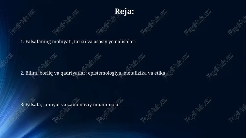 tik baholashga ta'sir qilishi mumkin; masalan, 2 ta noto'g'ri argumentga asoslangan san'at asari mantiqiy jihatdan kamchilikka ega bo'lishi mumkin. falsafaning din, fan va jamiyat bilan aloqasi din falsafa bilan aloqada, teologik argumentlar va axloqiy tamoyillarni o'rganish orqali, lekin empirik isbotga tayanmasligi sababli, epistemologik farqlarga ega. falsafa fan uchun metodologik asos yaratadi, gipotezalarni tekshirish va kuzatishdan olingan xulosalarni tahlil qilish orqali 20-asrda sezilarli ta'sir ko'rsatdi. zamonaviy falsafiy muammolar va falsafaning ahamiyati zamonaviy falsafiy muammolarga sun'iy intellektning axloqiy dilemmalari kiradi, masalan, avtonom qurollarning 100% xavfsizligini ta'minlashning imkoni yo'qligi sababli javobgarlikni kim zimmasiga olish kerakligi. falsafa insoniyatga tanqidiy fikrlash qobiliyatini rivojlantirish orqali yordam beradi, bu esa 24/7 yangiliklar davrida noto'g'ri ma'lumotlarga qarshi tura olish qobiliyati bilan namoyon bo'ladi. e'tiboringiz uchun rahmat image6.jpg image7.jpg image8.jpg image9.jpg image10.jpg image11.jpg image12.jpg image4.jpeg