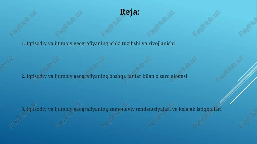 ining migratsiya jarayonlari va urbanizatsiya tendentsiyalari chuqur o'rganilib, aholining hududiy taqsimlanishidagi o'zgarishlar, 2050 yilgacha bo'lgan demografik prognozlar hamda buning iqtisodiy oqibatlari baholanadi. demografiya bilan aloqasi iqtisodiy va ijtimoiy geografiya aholi zichligi, tug'ilish va o'lim ko'rsatkichlari kabi demografik ma'lumotlarni resurslardan foydalanish va iqtisodiy faoliyat taqsimotini tahlil qilishda qo'llaydi. demografiya aholi migratsiyasi sabablarini o'rganishda iqtisodiy-ijtimoiy geografiyaga yordam beradi, bu esa ishchi kuchi bozori va urbanizatsiya jarayonlariga ta'sir qiladi hamda hududiy o'zgarishlarni aks ettiradi. iqtisodiyot bilan aloqasi iqtisodiy geografiya va iqtisodiyot o'rtasidagi aloqa hududiy iqtisodiy tizimlarni o'rganishda yaqqol namoyon bo'ladi. iqtisodiy geografiya 1 trillion dollarlik yalpi hududiy mahsulotni baholashda iqtisodiy modellardan foydalanadi. iqtisodiyotning makroiqtisodiy ko'rsatkichlari (yaim, inflyatsiya, ishsizlik) iqtisodiy geografiyaning hududiy rivojlanish tahlilida muhim rol o'ynaydi. hududiy investitsiyalar 15% ga o'sishi kutilmoqda. siyosatshunoslik bilan aloqasi siyosiy geografiya, iqtisodiy va ijtimoiy geografiyaning tarkibiy qismi sifatida, davlatlararo munosabatlar, chegaralar va siyosiy hududiy bo'linish kabi masalalarni 20 dan ortiq aspektda o'rganadi. iqtisodiy va ijtimoiy geografiya siyosatshunoslik …