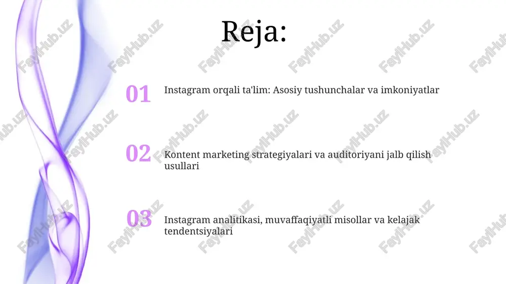 strategiya instagram insights orqali oxvat, taassurotlar va profilga tashriflar kabi ko'rsatkichlarni kuzatish, sizning kontent marketing strategiyangizning samaradorligini 25% ga oshirishingizga yordam beradi. instagram analitikasi sizga demografik ma'lumotlarni, eng yaxshi joylashuv vaqtlarini va auditoriya o'sish tendentsiyalarini ko'rish imkonini beradi, shunda siz o'zingizning 30 kunlik kontent rejangizni optimallashtirasiz. muammolar, yechimlar va muvaffaqiyatli misollar muammo: 18-25 yoshdagi talabalarni jalb qilishda qiyinchilik. yechim: o'yinlashtirish elementlari, viktorinalar va interaktiv so'rovlardan foydalanish; muvaffaqiyatli misol - @teded instagramda. muammo: auditoriyaning past darajadagi ishtiroki. yechim: savol-javob sessiyalari, konkurslar va haftalik mavzular yaratish; misol: @nationalgeographic ta'lim kontenti. xulosa va kelajak tendensiyalari kelajakda ta'lim brendlarining ar/vr texnologiyalaridan 3d modellar, virtual sayohatlar orqali interaktiv darslar uchun foydalanishi ortadi, bu esa o'quvchilarni yanada jalb qiladi. ai asosidagi kontent yaratish vositalari instagram uchun moslashtirilgan, maqsadli ta'lim resurslarini yaratishda avtomatlashtirishni ta'minlaydi va bu esa vaqtni tejaydi, samaradorlikni oshiradi. e'tiboringiz uchun rahmat @taqdimot_robot image5.jpg image6.jpg image7.jpg image8.jpg image9.jpg image10.jpg image11.jpg image1.jpeg image2.jpeg image3.jpeg