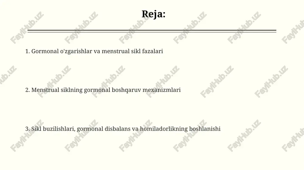 iga olib keladi. gipofiz old bo'lagi gonadotropinlar, jumladan, folikula stimulyatsiya qiluvchi gormon (fsh) va luteinlashtiruvchi gormon (lh) ishlab chiqaradi, ular tuxumdonlar faoliyatini boshqaruvchi asosiy gormonlardir. fsh folikula rivojlanishini rag'batlantiradi, granulosa hujayralarida estrogen sintezini oshiradi. lh ovulyatsiyani qo'zg'atadi va sariq tana shakllanishiga yordam beradi, progesteron ishlab chiqarishni ta'minlaydi. tuxumdonlar: steroid gormonlar (estrogen va progesteron) ishlab chiqarish tuxumdonlar estrogen gormonini granulosa hujayralarida ishlab chiqaradi, bu jarayonda 17β-estradiol asosiy shakl hisoblanib, follikulyar rivojlanishni rag'batlantiradi va bachadon endometriumini qalinlashtiradi. progesteron asosan sariq tana tomonidan ovulyatsiyadan so'ng ishlab chiqariladi, u bachadon endometriumini implantatsiya uchun tayyorlaydi va homiladorlikni saqlab qolishda muhim rol o'ynaydi. tuxumdonlar androgenlarni (masalan, testosteron) ham ishlab chiqaradi, keyinchalik ular granuloza hujayralarida aromatizatsiya fermenti orqali estrogenga aylanadi, bu jarayon gormonal balansni ta'minlaydi. follikulyar rivojlanish va ovulyatsiya ovulyatsiya - bu lhning keskin ko'tarilishi (lh surge) natijasida sodir bo'ladi, bu esa yetilgan follikulaning yorilishiga va ootsitning tuxumdondan chiqib ketishiga olib keladi, taxminan 36 soat davom etadi. …