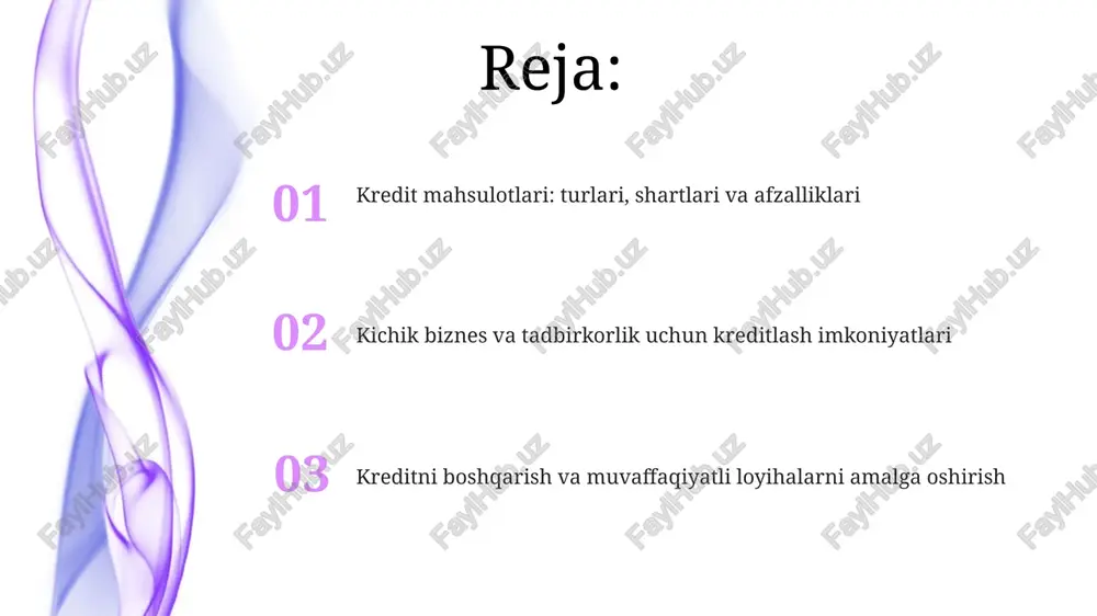 y savodxonlik aktivlarni boshqarish, 10-20% daromadni tejash, investitsiya strategiyalarini tushunish va 72 qoidasi yordamida murakkab foizni hisoblashni o'z ichiga oladi. biznes-reja, 3-5 yillik moliyaviy prognozlar bilan birga, daromad, xarajat va naqd pul oqimini aniq ko'rsatishi, rentabellik va barqarorlikni baholashga imkon beradi. kredit risklarini boshqarish va muvaffaqiyatli loyihalar kredit risklarini boshqarishda erta ogohlantirish signallarini aniqlash muhim, jumladan, 30 kundan ortiq kechikishlar va moliyaviy ko'rsatkichlarning 15% dan ortiq pasayishi. muvaffaqiyatli kredit loyihalari, odatda, 1:1.5 nisbatda qarzni qoplash koeffitsientiga ega bo'lib, ular kredit to'lovlarini amalga oshirish uchun etarli pul oqimiga ega. muammoli kreditlar: sabablari va yechimlari muammoli kreditlarning sabablaridan biri 40% hollarda noto'g'ri biznes-rejalashtirish bo'lib, bu daromadning prognozdan past bo'lishiga va to'lov qobiliyatining yo'qolishiga olib keladi. muammoli kreditlarni hal qilishning bir usuli 25% gacha kreditni qayta tuzishdir, bunda to'lov muddati uzaytiriladi yoki foiz stavkalari pasaytiriladi, bu esa moliyaviy yukni kamaytiradi. e'tiboringiz uchun rahmat @taqdimot_robot image5.jpg image6.jpg image7.jpg image8.jpg image9.jpg image10.jpg image11.jpg image1.jpeg image2.jpeg …