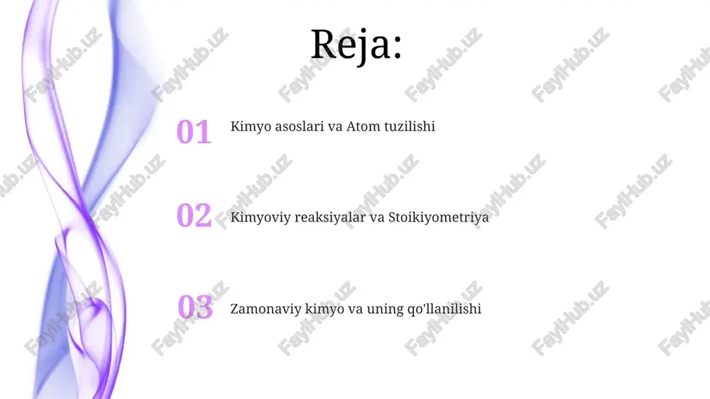 y kinetika kimyoviy kinetika reaksiyaning tezligini o'rganadi, aktivlanish energiyasi (ea) va temperaturaning reaksiya tezligiga ta'sirini aniqlaydi, arrenius tenglamasi bu bog'lanishni ifodalaydi. oksidlanish-qaytarilish reaksiyalarida elektronlar o'tishi sodir bo'ladi: oksidlanishda elektronlar beriladi, qaytarilishda esa elektronlar qabul qilinadi, bu jarayonlar doimo bir vaqtda kechadi. organik kimyo va biokimyo organik kimyo asosan uglerodga asoslangan molekulalarni o'rganadi, ularda 10 milliondan ortiq ma'lum birikmalar mavjud, masalan, metan (ch4) va benzin kabi uglevodorodlar. biokimyo tirik organizmlarda bo'ladigan kimyoviy jarayonlarni, shu jumladan, dnk replikatsiyasi, oqsil sintezi va metabolizm kabi 4 ta asosiy biomolekula bilan bog'liq reaksiyalarni o'rganadi. kimyoning zamonaviy usullari va qo'llanilishi krios-em yuqori aniqlikdagi oqsillar va makromolekulalarning 3d strukturalarini aniqlash imkonini beradi, farmatsevtika va biologiyada muhim rol o'ynaydi. yuqori o'tkazuvchanlik skriningi (hts) robotlashtirilgan tizimlar yordamida millionlab kimyoviy birikmalarni tezda sinab, yangi dori vositalarini topishga yordam beradi. e'tiboringiz uchun rahmat @taqdimot_robot image4.png image5.jpg image6.jpg image7.jpg image8.jpg image9.jpg image10.jpg image11.jpg image1.jpeg image2.jpeg image3.jpeg