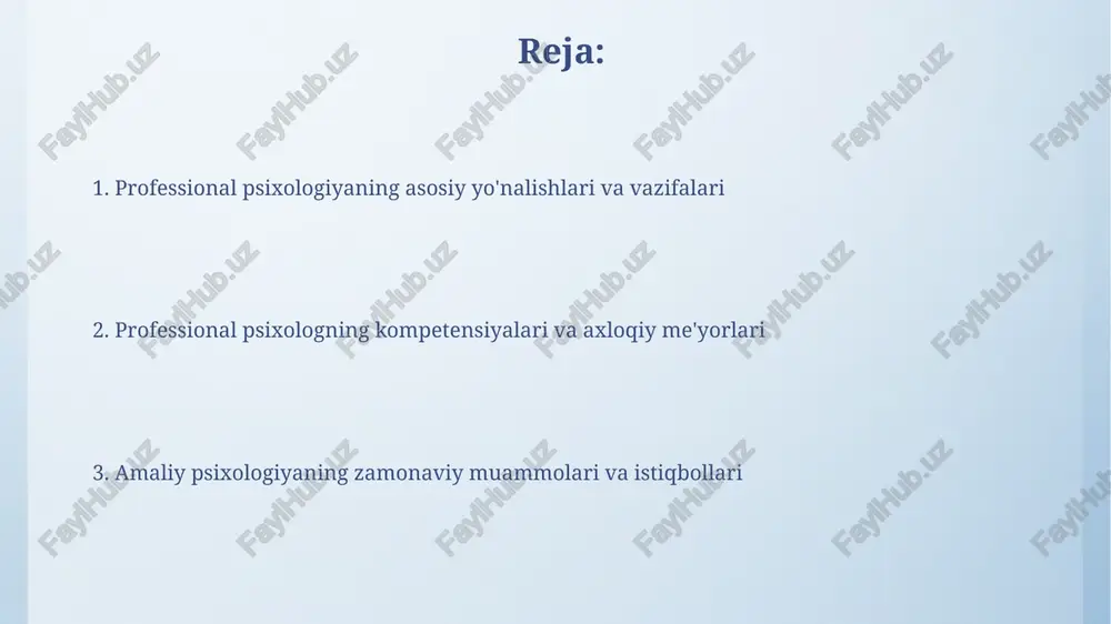 essional psixologning kasbiy rivojlanishi professional psixolog o'zining kasbiy rivojlanishida 5 yil davomida malaka oshirish kurslarida qatnashishi, yangi metodlarni o'rganishi va superviziyadan o'tishi muhim. psixologning kasbiy o'sishi 10 yillik tajriba orttirish, ilmiy izlanishlar olib borish, maqolalar chop etish va konferensiyalarda ishtirok etish orqali namoyon bo'ladi. psixologik xizmat ko'rsatish sohalari ta'lim sohasida psixologik xizmat bolalarning kognitiv rivojlanishini baholash, o'quv dasturlarini optimallashtirish va 10% gacha muvaffaqiyatga erishish uchun psixologik yordamni o'z ichiga oladi. tibbiyotda psixologik xizmat bemorlarga kasalliklarni yengishda, davolanishga rioya qilishda va 30% gacha psixologik muammolarni hal qilishda yordam beradi, shu jumladan og'riqni boshqarish. amaliy psixologiyaning zamonaviy muammolari va professional psixologiya istiqbollari amaliy psixologiyadagi etika dilemmalari, masalan, shaxsiy ma'lumotlar himoyasi va onlayn terapiya xavfsizligi, 21-asrda yangi standartlar talab qiladi. professional psixologlarning kelajagi sun'iy intellekt bilan integratsiyani o'z ichiga oladi, bu esa diagnostika samaradorligini oshiradi va shaxsiy terapiya imkoniyatlarini kengaytiradi. e'tiboringiz uchun rahmat @taqdimot_robot image4.png image6.jpg image7.jpg image8.jpg image9.jpg image10.jpg image11.jpg image12.jpg image3.jpeg