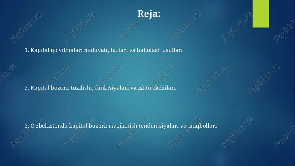 i qiymat (npv) usuli investitsiya loyihasidan kutilayotgan pul oqimlarining hozirgi qiymatini hisoblab, boshlang'ich investitsiya xarajatlari bilan solishtiradi. ichki rentabellik darajasi (irr) usuli investitsiya loyihasining npv nolga teng bo'ladigan diskontlash stavkasini aniqlaydi, bu esa loyihaning potensial rentabelligini ko'rsatadi. investitsiya qarorlarini qabul qilish jarayoni investitsiya qarorlari, odatda, 5 bosqichdan iborat: imkoniyatlarni aniqlash, tahlil qilish, baholash, tanlash va monitoring. har bir bosqich investitsiyaning muvaffaqiyatiga ta'sir etadi. investitsiya qarorlari, npv (sof joriy qiymat), irr (ichki rentabellik darajasi) va qaytarish muddati kabi moliyaviy ko'rsatkichlar asosida qabul qilinadi. bu ko'rsatkichlar xavf-xatarni hisobga oladi. kapital bozorining asosiy funktsiyalari kapital bozori resurslarni samarali taqsimlash vazifasini bajaradi, jamg'armalarni ortiqcha bo'lgan sub'ektlardan investitsiya imkoniyatlariga muhtoj bo'lgan sub'ektlarga yo'naltiradi. bu iqtisodiy samaradorlikni oshiradi. narxlarni aniqlash orqali kapital bozori aktivlar qiymatini belgilaydi, investorlarga aktivlarni baholash va savdo qilishda signal beradi. bu risk va daromadlilikni hisobga olgan holda amalga oshiriladi. kapital bozori ishtirokchilari va ularning roli investorlar kapital bozorida muhim rol o'ynaydi, chunki …