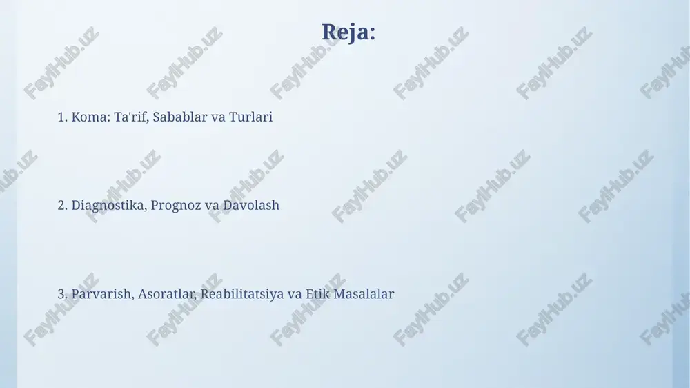 ehtimoli yuqori. komaning davomiyligi prognoz uchun muhim omil; bir necha haftadan ortiq davom etgan koma, ayniqsa vegetativ holatga o'tgan bemorlarda, tiklanish ehtimoli sezilarli darajada kamayadi. koma davolash koma davolashning asosiy maqsadi - miyani shikastlanishdan himoya qilish va qon bosimi, tana harorati va nafas olish kabi hayotiy funktsiyalarni 90 dan 100% gacha ushlab turishdir. dori-darmonlar miya shishini kamaytirish uchun mannitol kabi osmotik diuretiklar, tirishishlarni nazorat qilish uchun antikonvulsantlar va infektsiyalarga qarshi kurashish uchun antibiotiklar kabi 7 dan 10 kungacha qo'llanilishi mumkin. koma parvarishlash koma holatidagi bemorlar uchun terining parvarishi muhim, chunki bosim yaralarini oldini olish uchun har 2 soatda pozitsiyani o'zgartirish kerak va namlikni saqlash uchun maxsus kremlardan foydalanish lozim. oziqlantirish naychalari orqali kuniga 1500-2000 kaloriya kiritish, elektrolitlar muvozanatini kuzatish va oshqozon-ichak faoliyatini qo'llab-quvvatlash komadagi bemorlarni parvarish qilishning muhim qismidir. koma asoratlari uzoq muddatli harakatsizlik tufayli mushaklarning atrofiyasi va kontrakturasi rivojlanishi mumkin, bu esa bo'g'imlarning doimiy qattiqlashuviga olib keladi va fizik …
